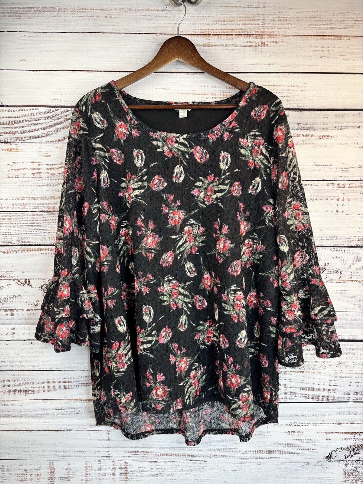 Lace Top Black Red Pink Flowers 18/20 Flowy Stretch Tunic Fairy Goth Feminine