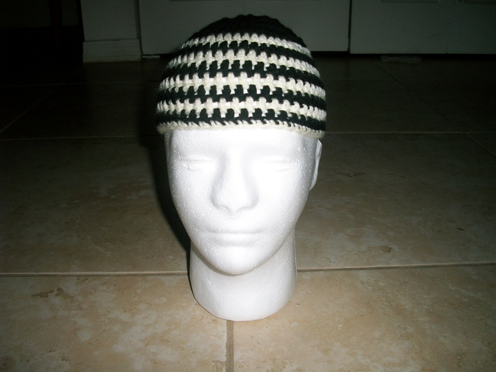 Handmade Crochet BLACK & WHITE STRIPE Skull Cap Kufi Beanie Hat Topi Harley 