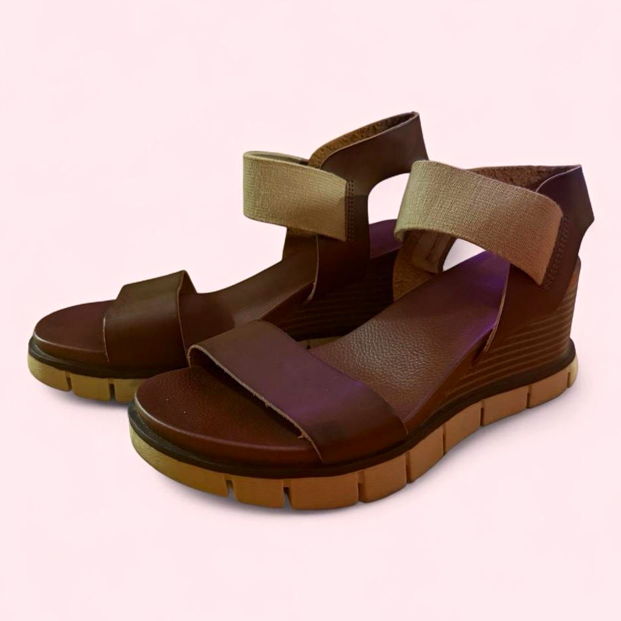 MIA Women’s Brown/Beige Strappy Wedge Sandals Hook & Loop Ankle Strap 7