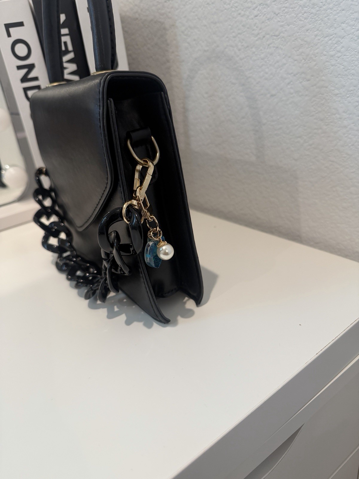 Women’s Black Satchel Top Handle Bag w/ Chain Strap, Gold Hardware, Charm