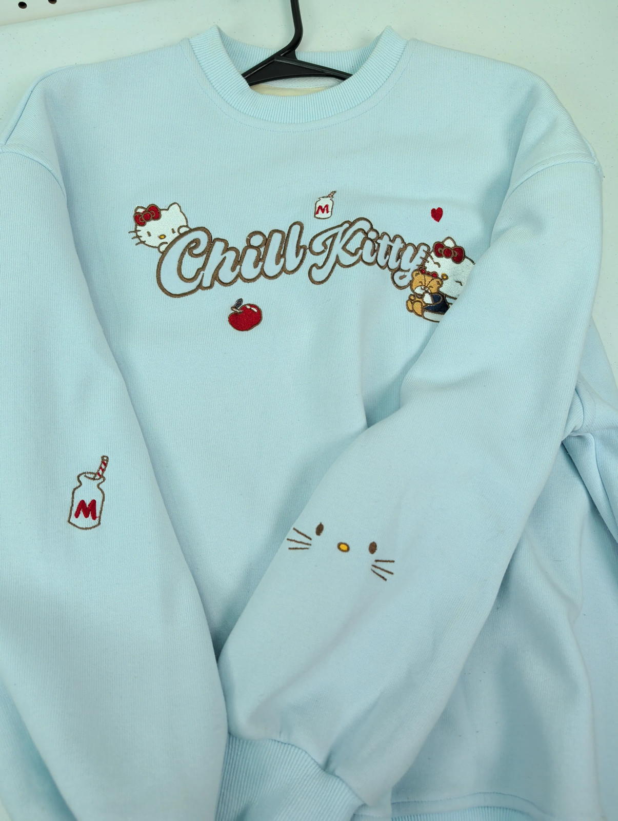 Women’s Hello Kitty Style Sweatshirt Light Blue Embroidered Chill Kawaii Cute