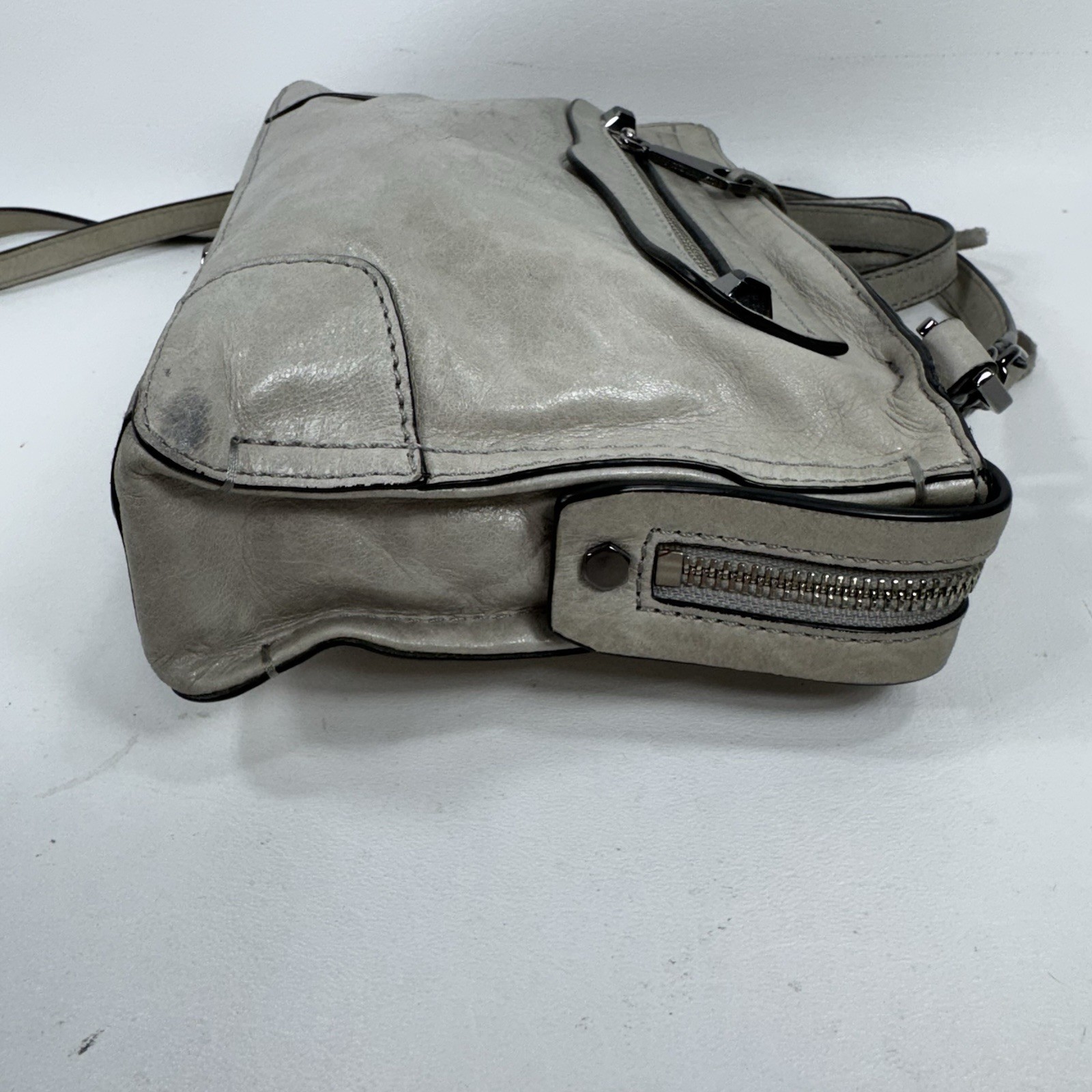 Rebecca Minkoff Gray Leather Mini Zip Top Crossbody Purse Bag w/ Bottom Studs