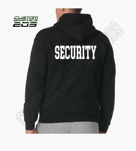 SECURITY Black Hoodie Front & Back Print Bold Text Unisex Cotton Blend Sweatshir