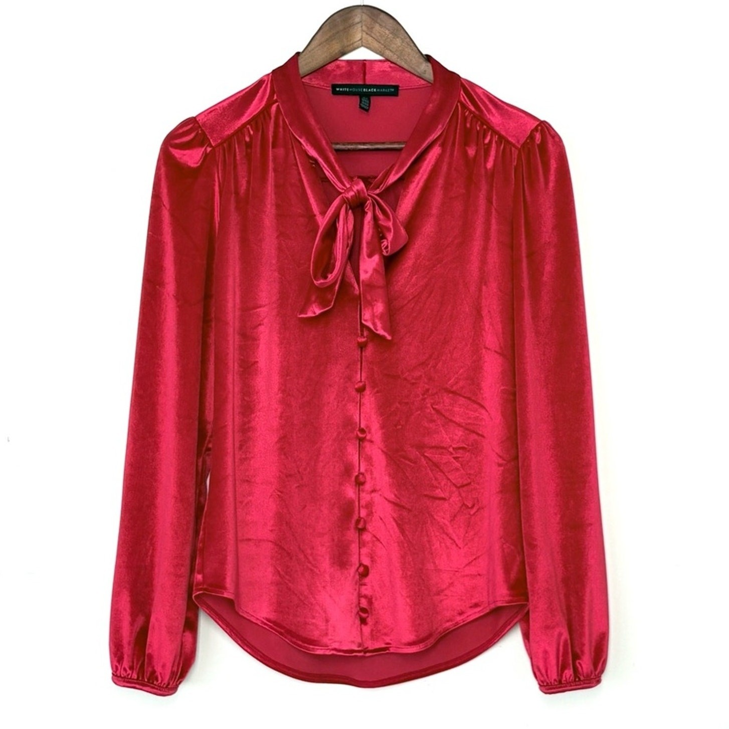 WHBM Velvet Tie Neck Blouse Women XS Red Bow Satin Office Holiday Top EUC