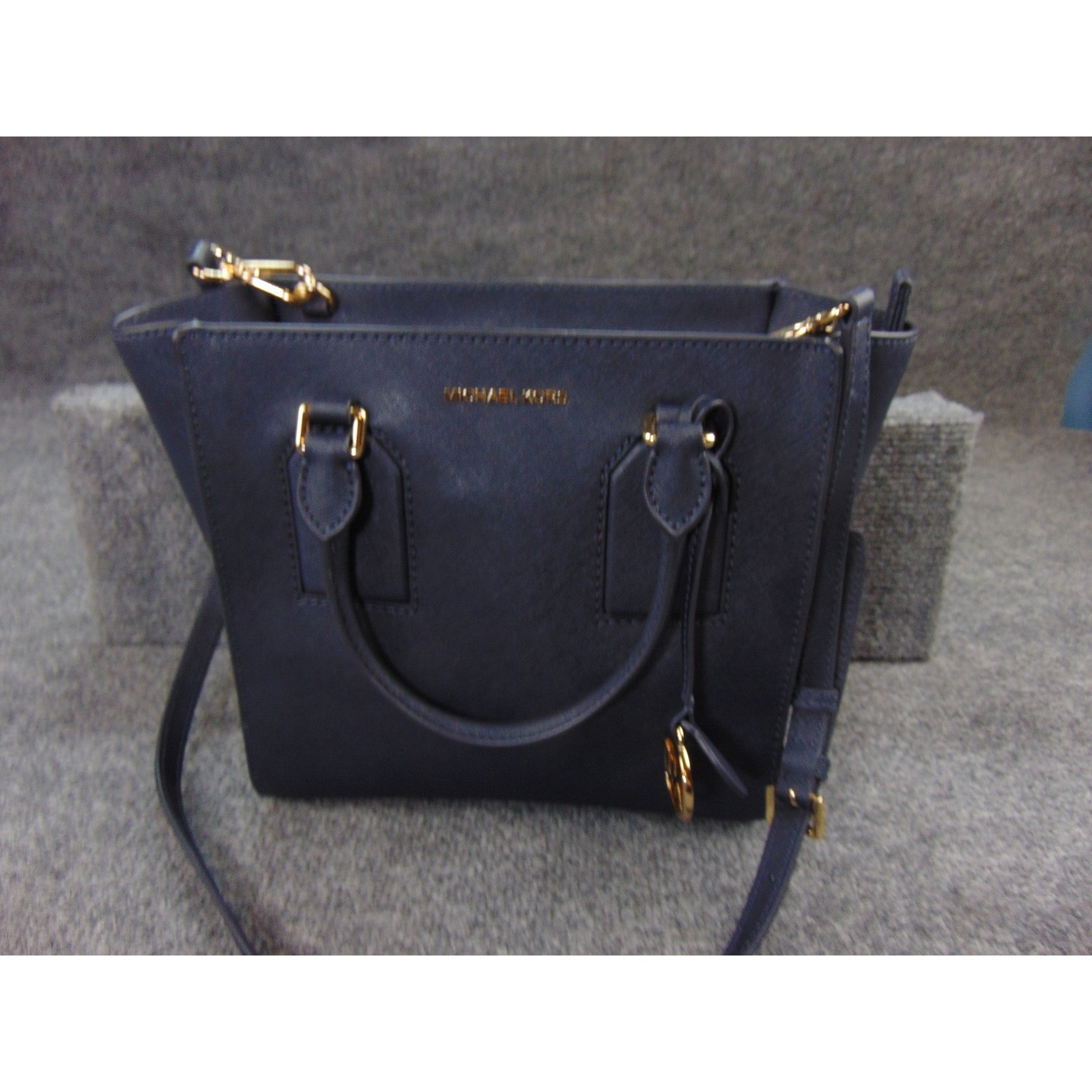 Michael Kors Savannah Satchel Navy Blue Saffiano Leather Crossbody 38F7GEYS2L