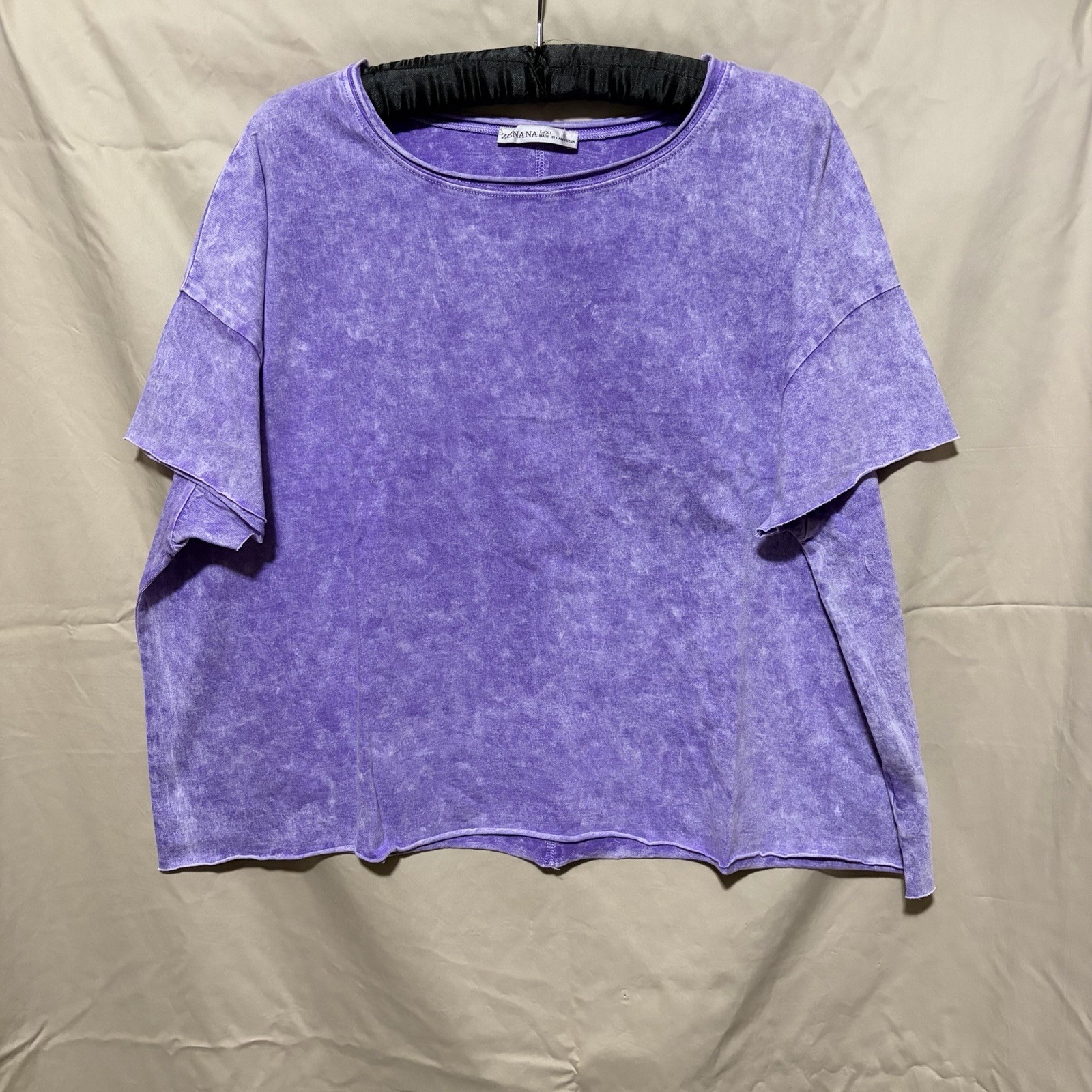 Zenana Women’s Purple Acid Wash Raw Edge Dolman Round Neck Pullover T-Shirt L/XL