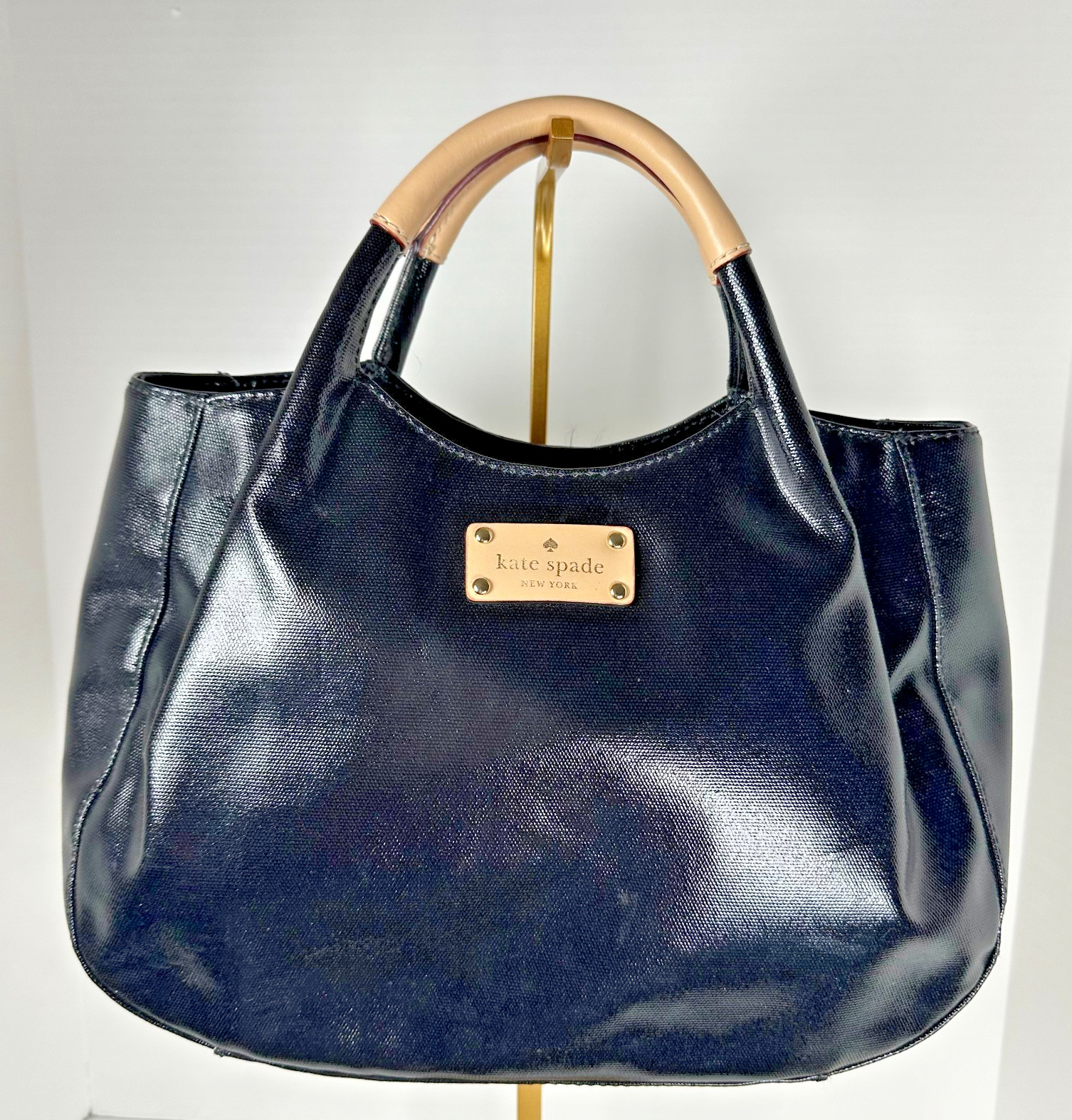KATE SPADE FULTON TREESH STREET HANDBAG BLACK COATED CANVAS AND LEATHER SATCHEL