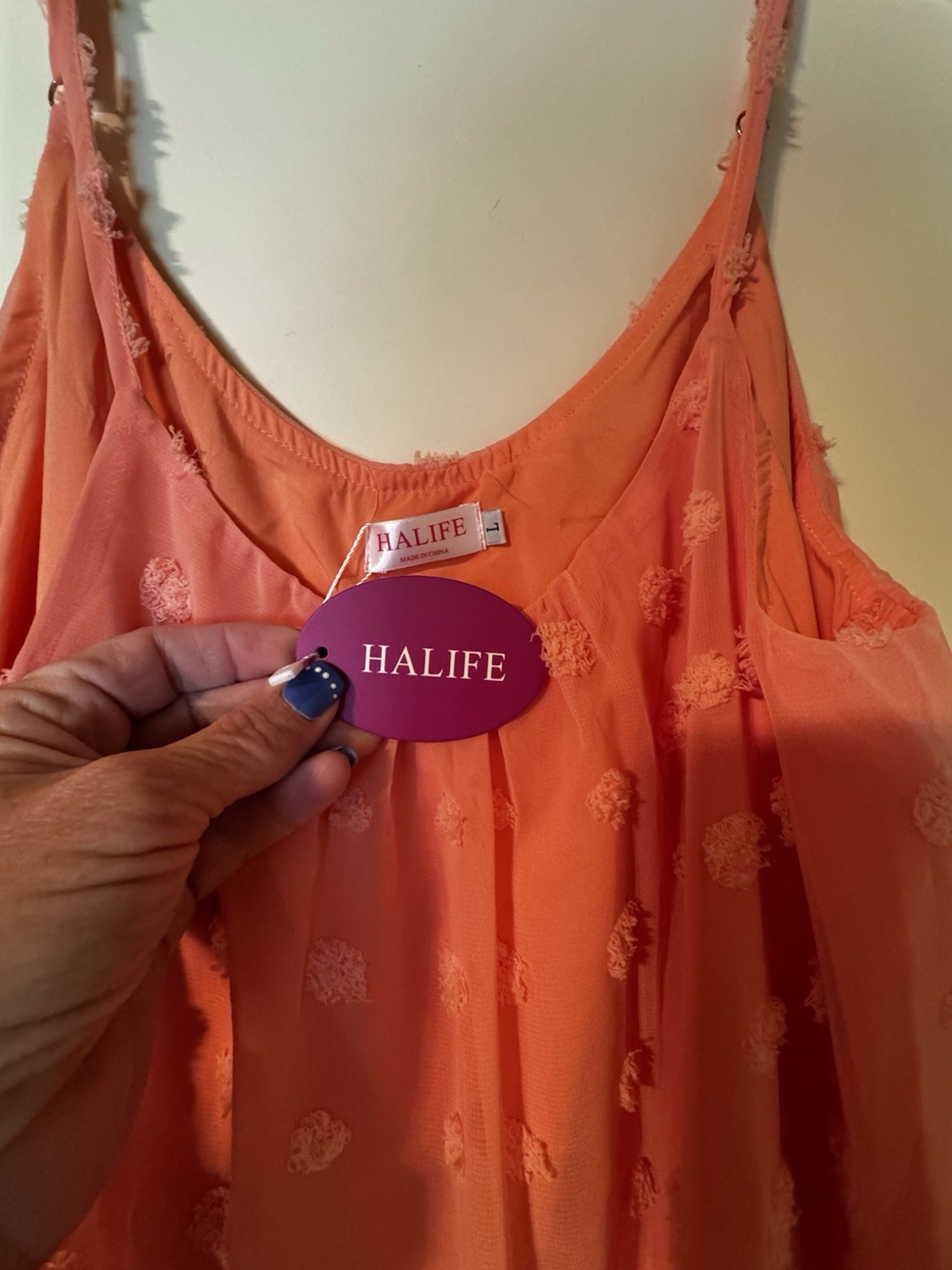 NWT HALIFE Orange Sheer Polka Dot Chiffon Spaghetti Strap Camisole Tank Women L