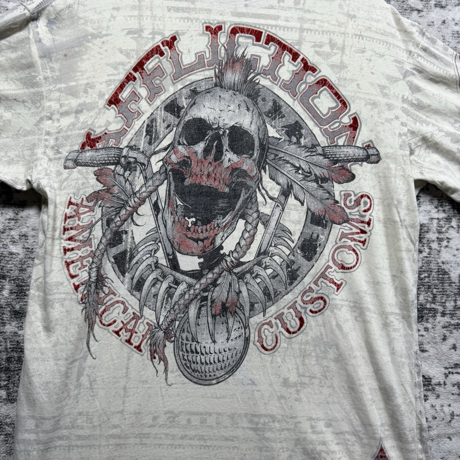 Vintage Y2K Affliction Mens M Live Fast American Custom Skull All Over Print