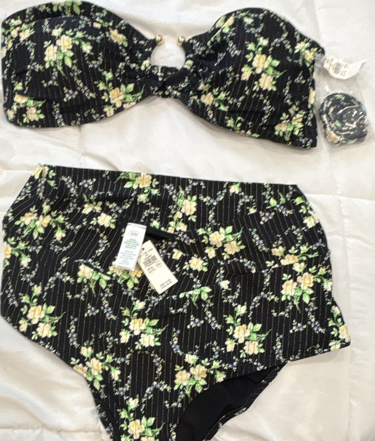 Aerie XL High-Waisted Bandeau Bikini Set Floral Striped Black Yellow