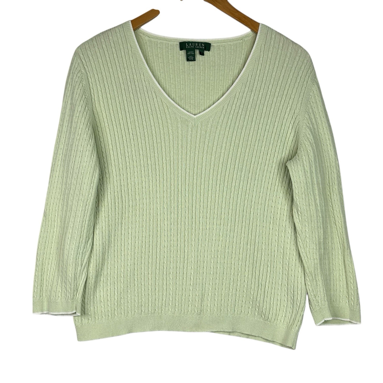 Lauren Ralph Lauren Cable Knit Sweater Women Large Cotton V Neck Mint Green