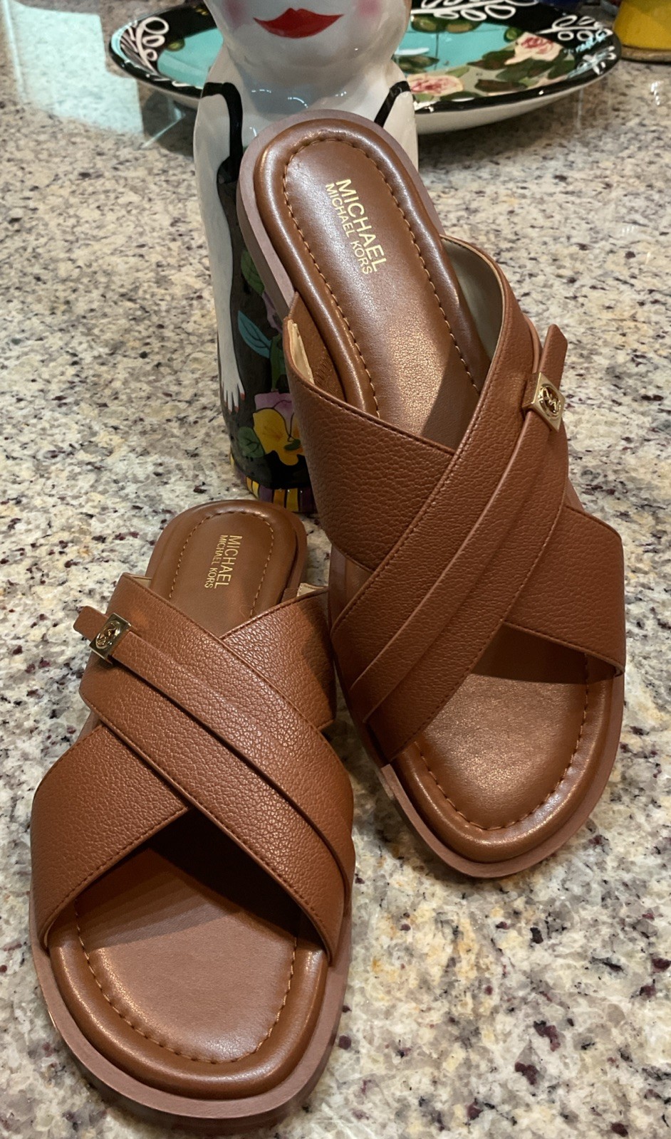 MICHAEL KORS Women’s Sz 8.5 M JADIE FLAT SLIDE 45R6JSFA1L LUGGAGE BROWN NEW