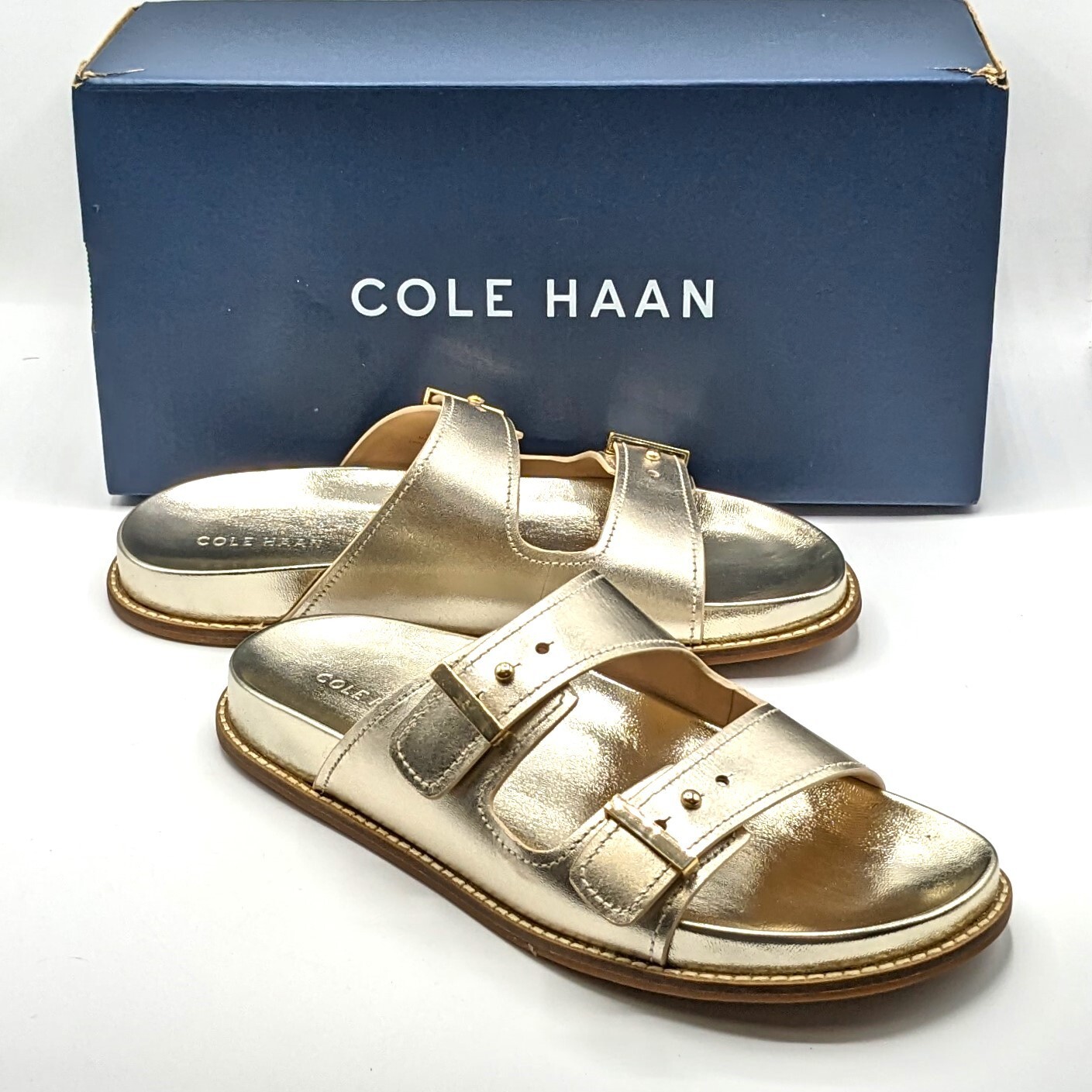 Cole Haan “Marisol” Women’s Leather Adjustable Double Banded Sandals – Soft Gold