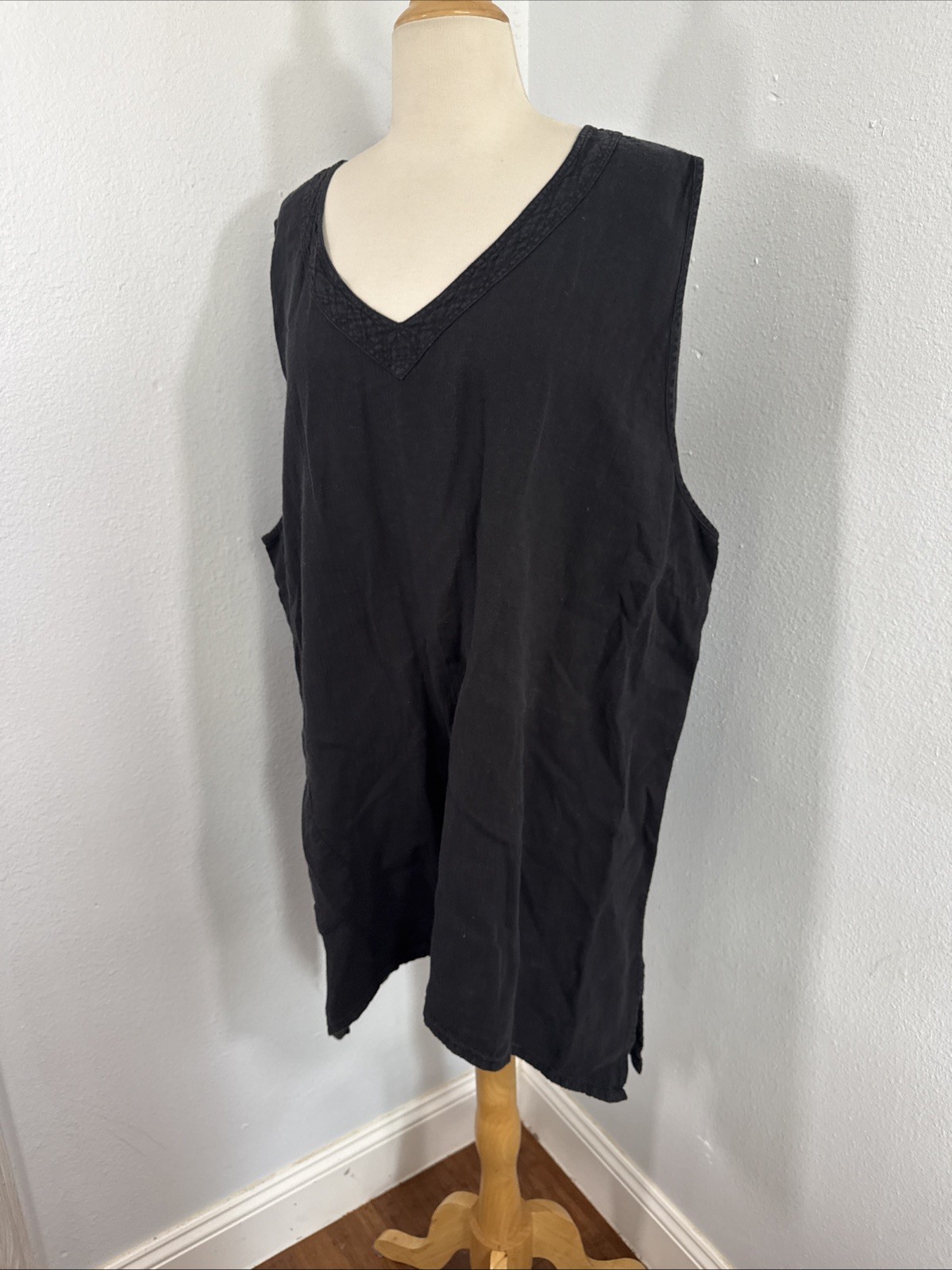 Kasbah Top Womens 28/30 Black Linen V Neck Oversize Asmy Lagenlook Beachy
