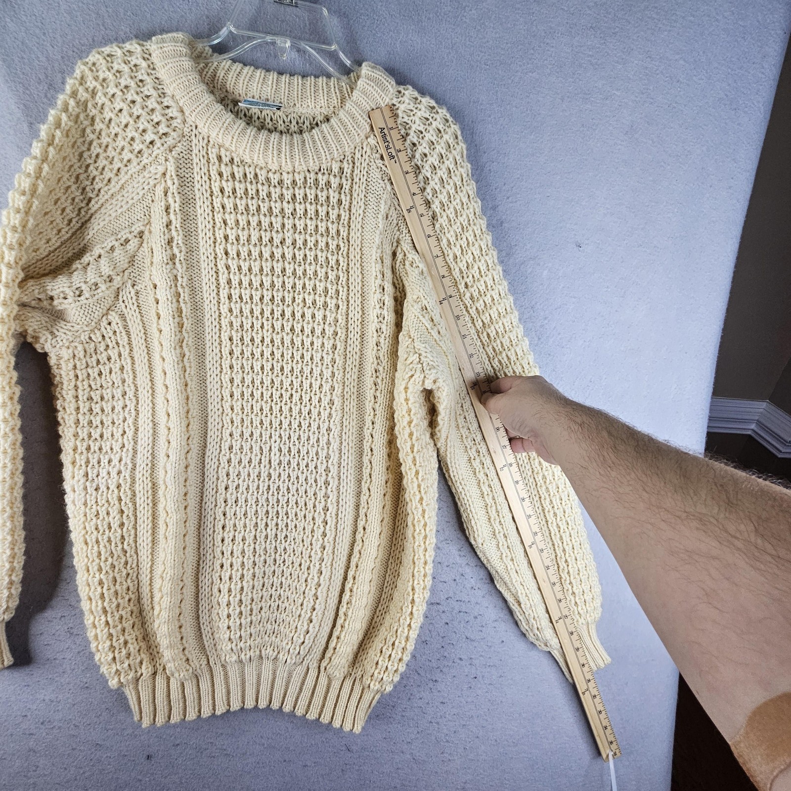 John Molloy Sweater Mens Large Cream Aran Fisherman 100% Wool Made in Ireland