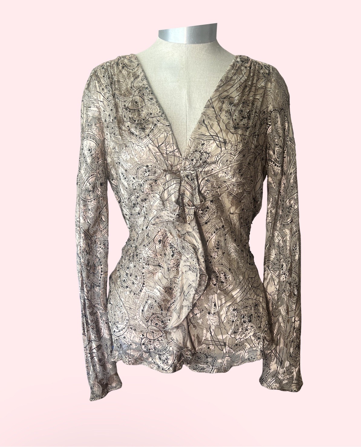 90s Y2k Womens Victorian Brown Silk Ruffle Whimsigoth Coquette Vampy Top Sz M