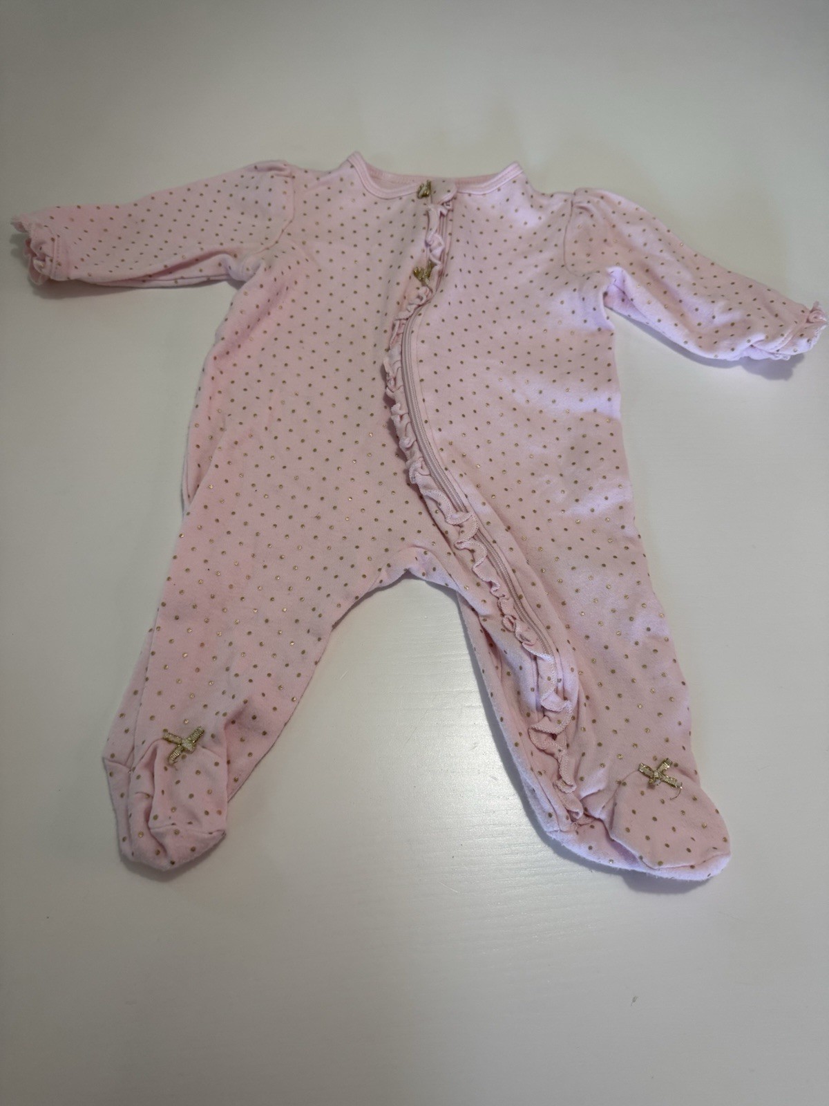 Little Me Girls 3M Pink/Gold Polka Dot Footed Sleeper Cotton Snap Bow Ruffle