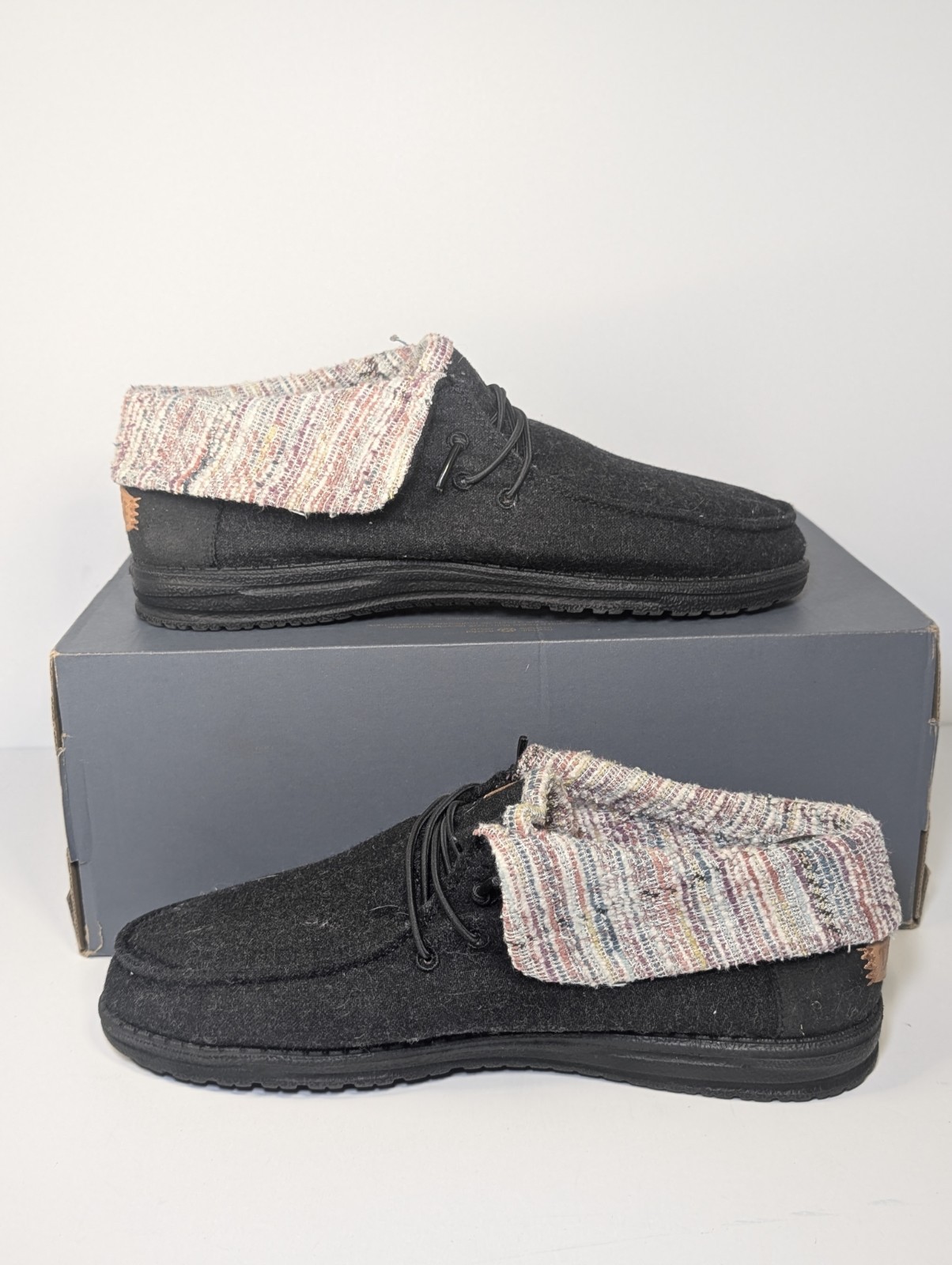 Hey Dude Wendy Fold Wool Black Multi Woven Collar Slip On Loafers Womens Size 10