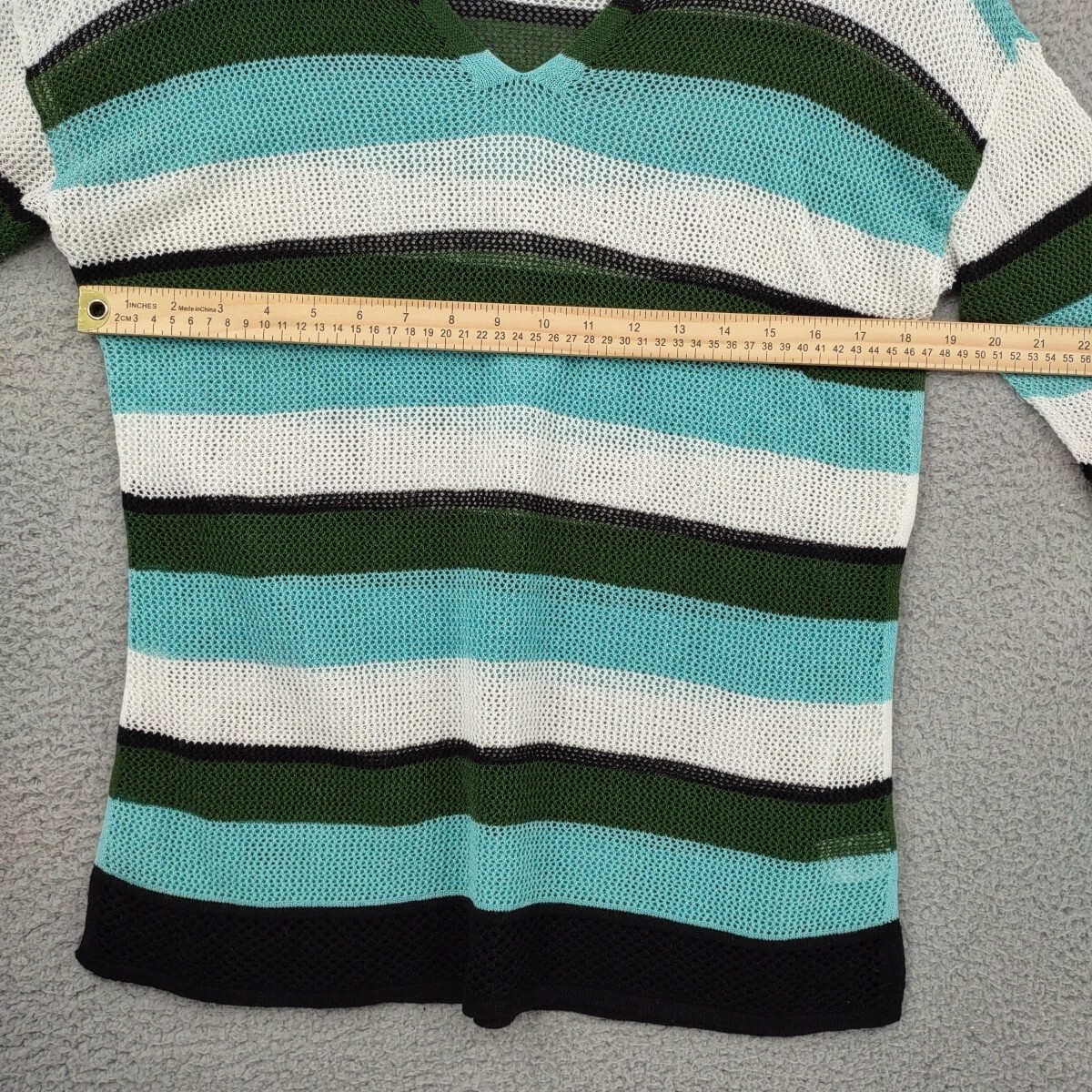 Talbots Top Womens Large Green Striped Linen Blend Open Knit Mesh Split Neck
