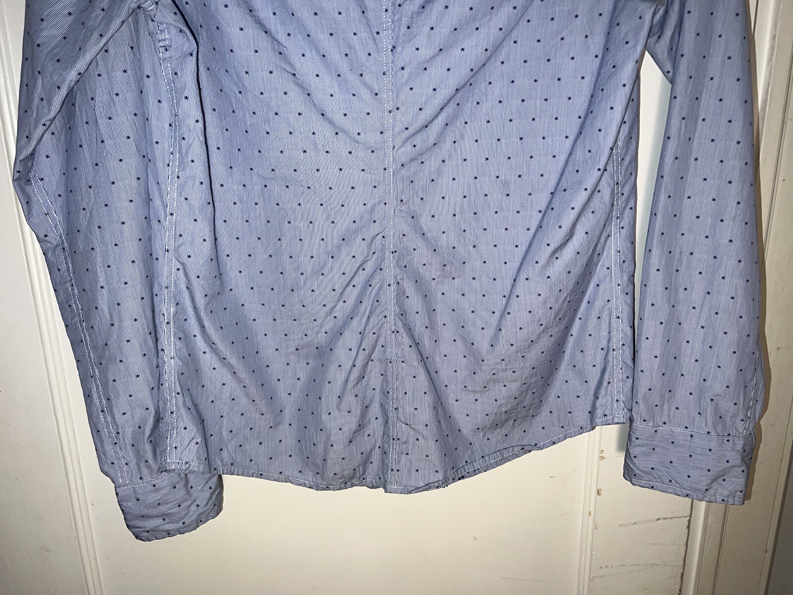 Frank & Eileen Barry White Blue Stripe Stars Cotton Shirt Size M. c747