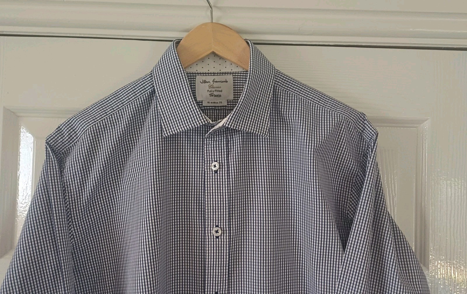 TM Lewin John Francomb Mens Shirt Blue White Check Fitted Size 16 Double Cuff