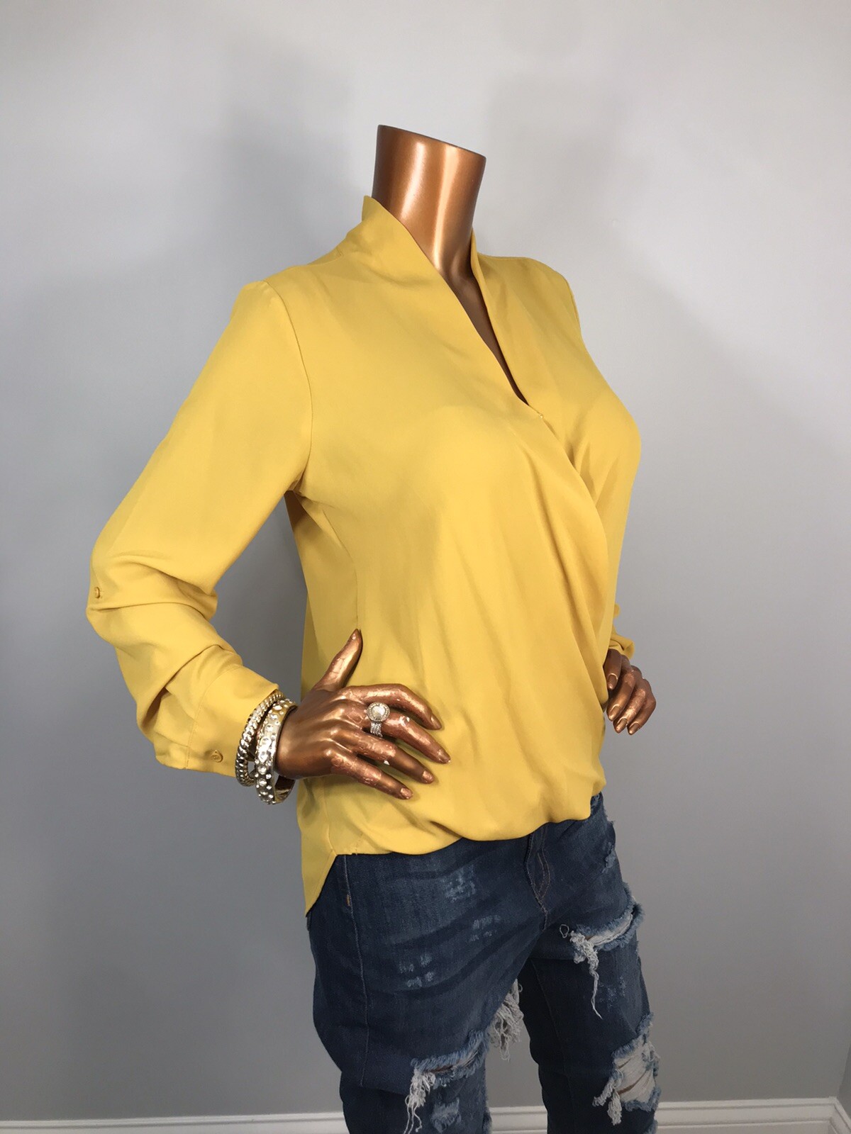 Pleione S Top Mustard Long Slvs Low V Cut Crossbody Blouse NWT High Low