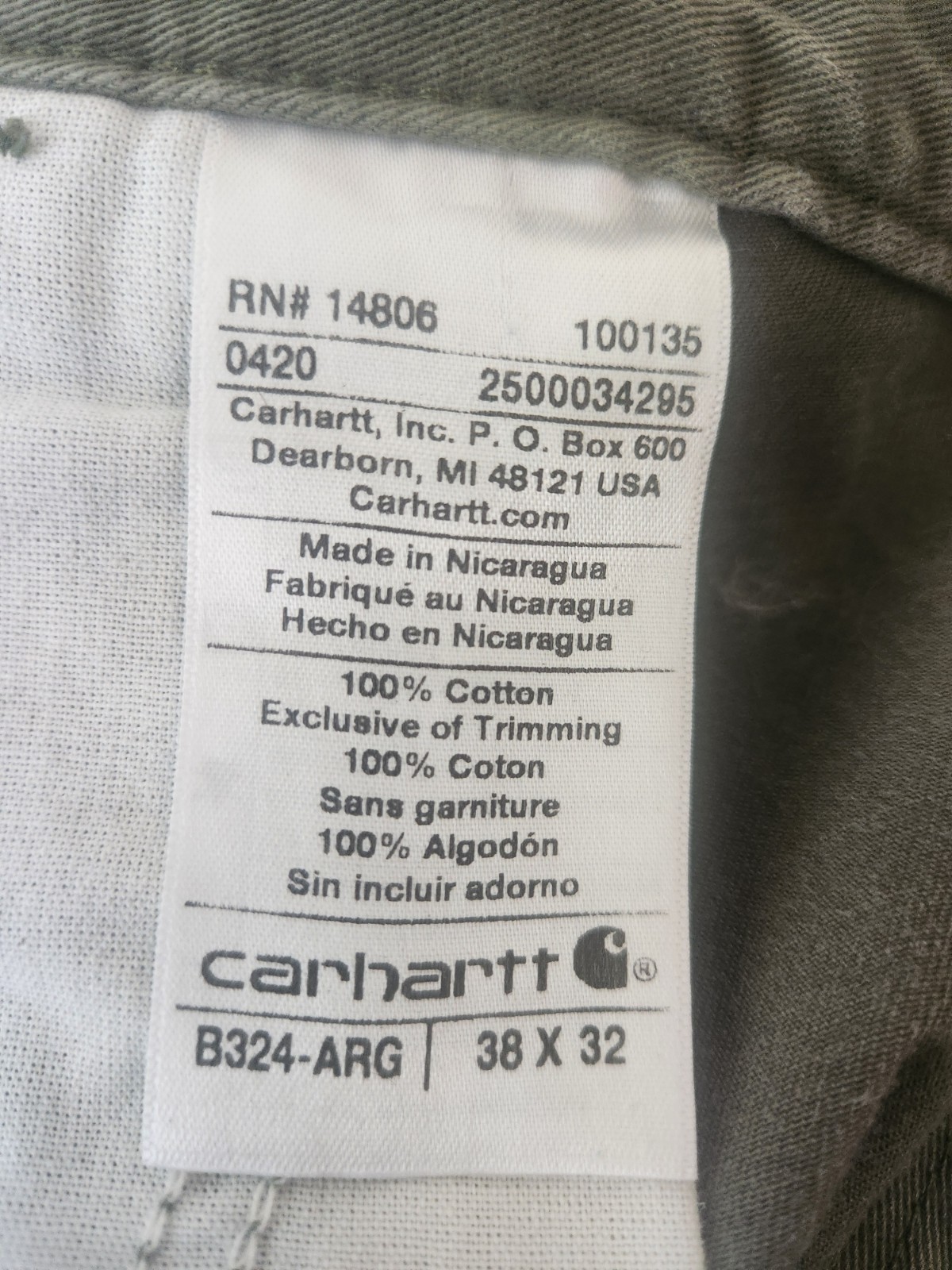 Carhartt B324 ARG Carpenter Relaxed Fit Work Pants Olive Men’s 38X32