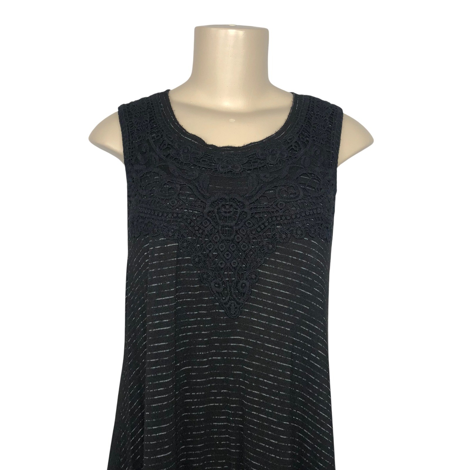 Knox Rose Black Crochet Lace Trim Knit Asymmetric Tunic Tank Top Large Boho