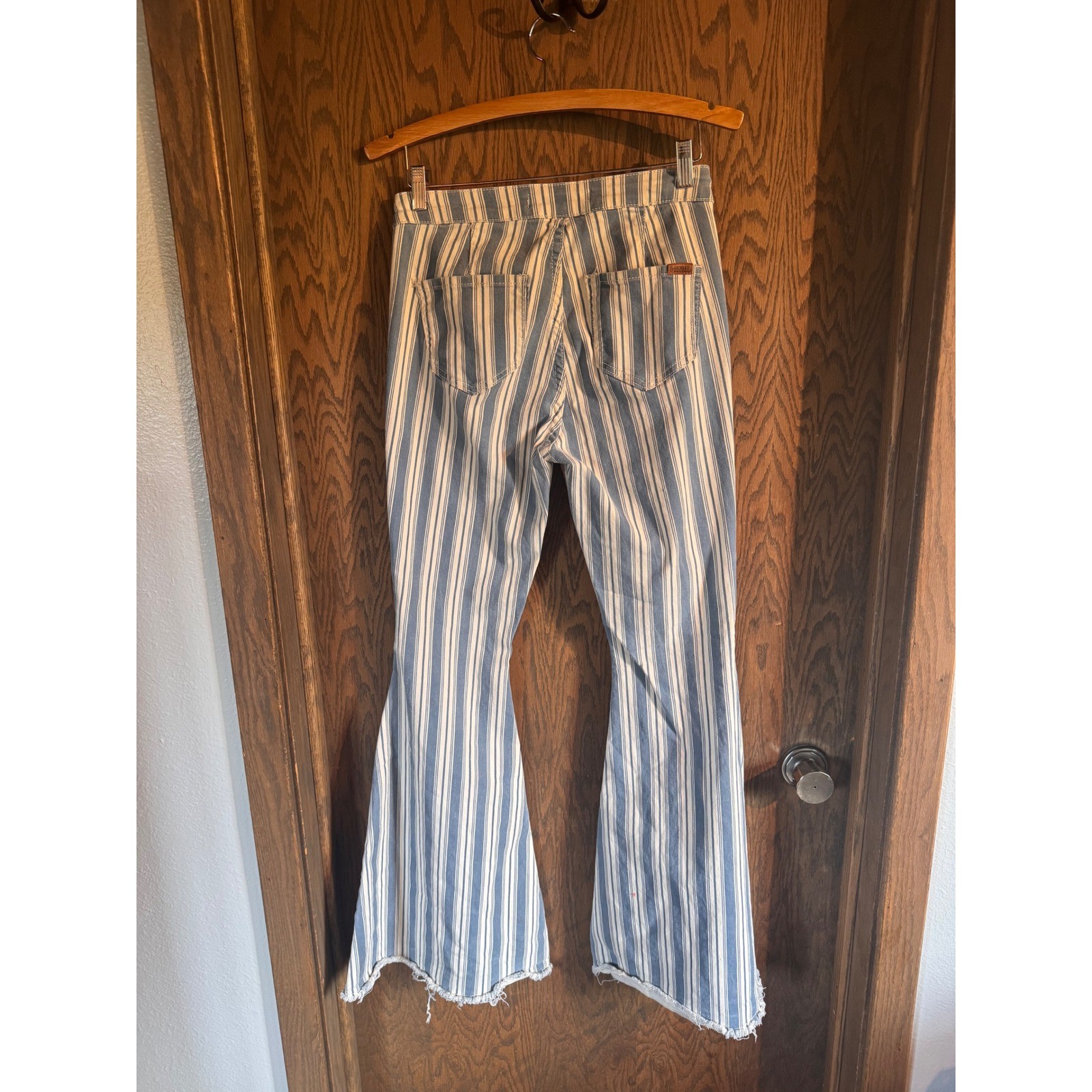 Rock & Roll Denim Bargain Button Bell Striped Flare Jeans Blue White 28×34