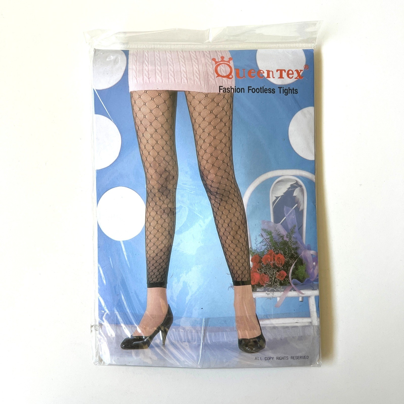 QueenTex Black Mesh Footless Tights One Size Nylon Taiwan NIP