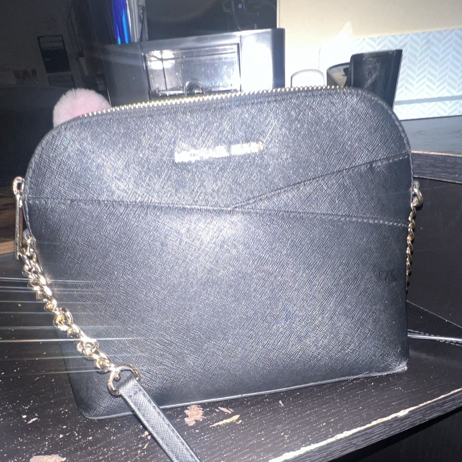 Michael Kors Black Crossbody Bag Zip Closure Gold-Tone Chain Detachable Strap