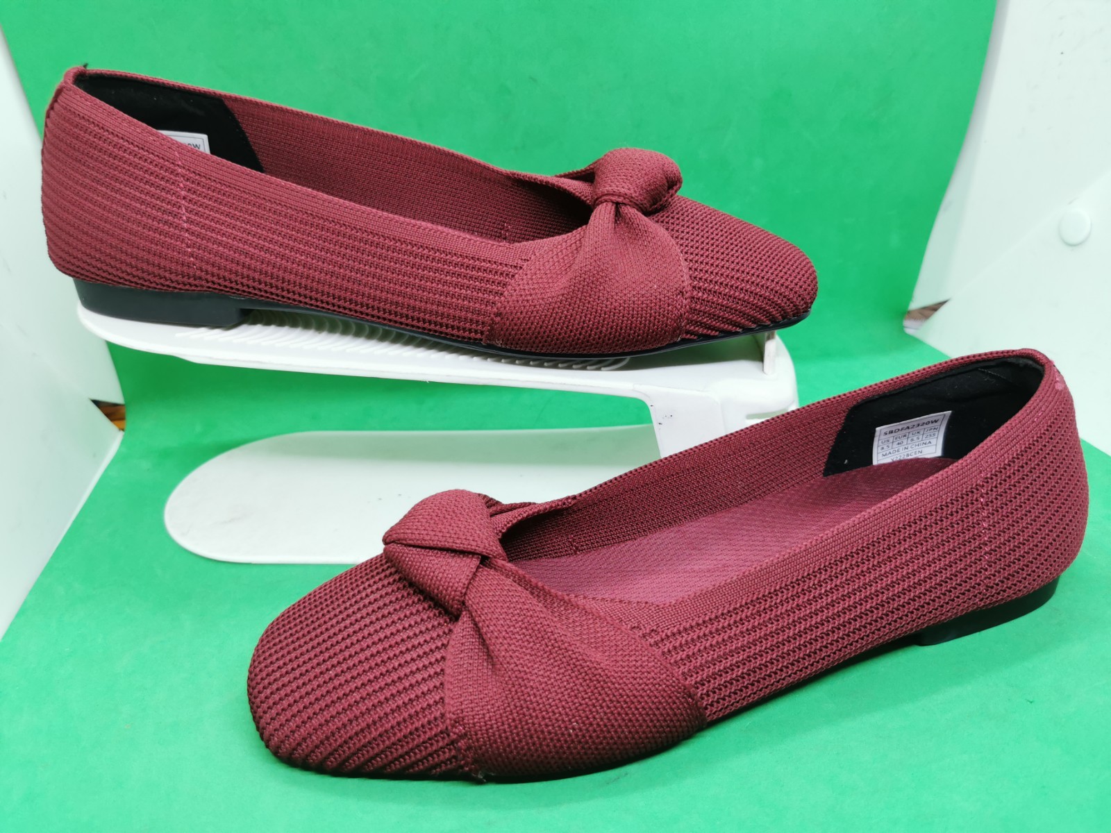 BURUDANI Women Dark Red Low Chunky Block Heel Square Toe Kniited Heels Size 8.5