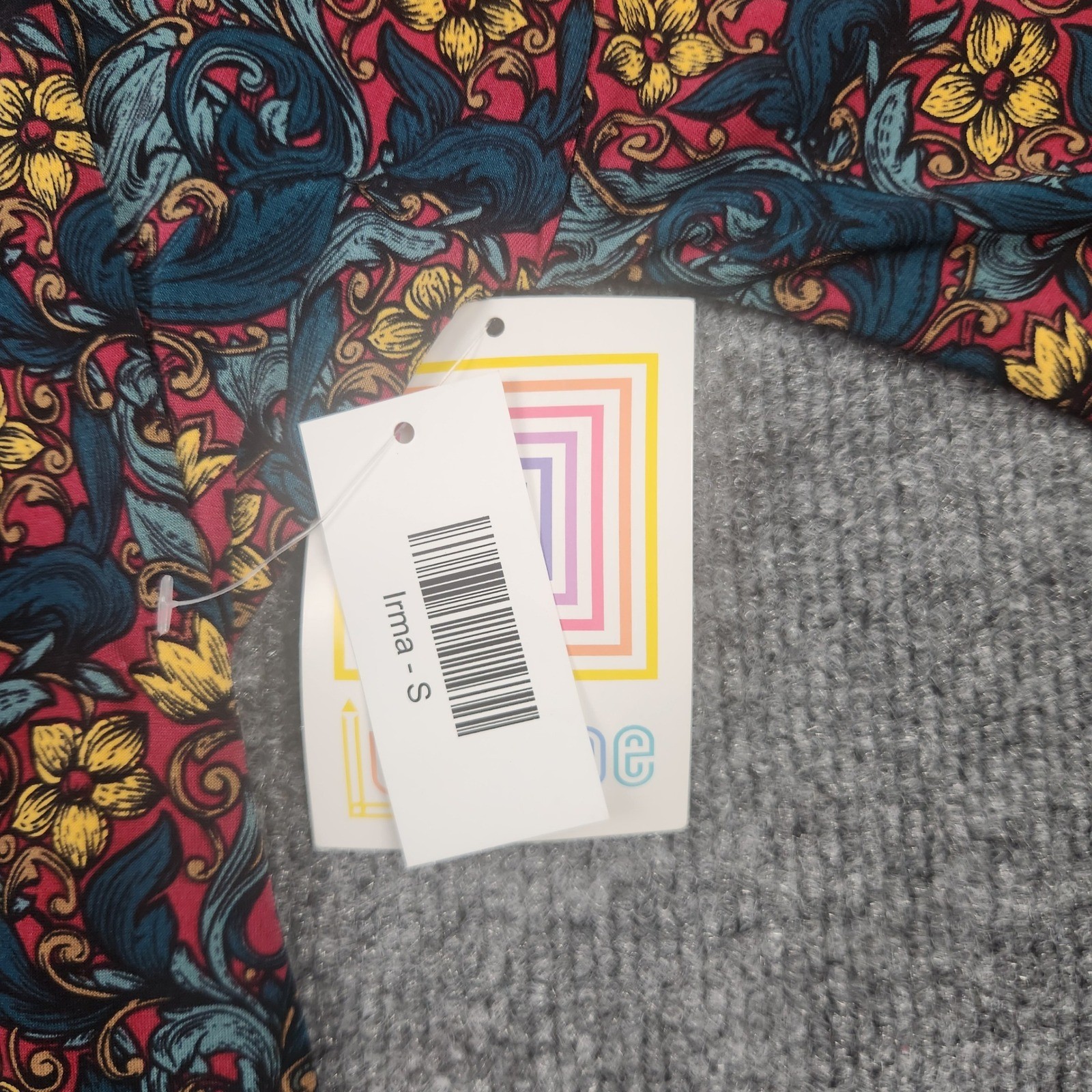 LuLaRoe Irma Tunic Top Womens Small Red Yellow Blue Floral Damask Short Sleeve