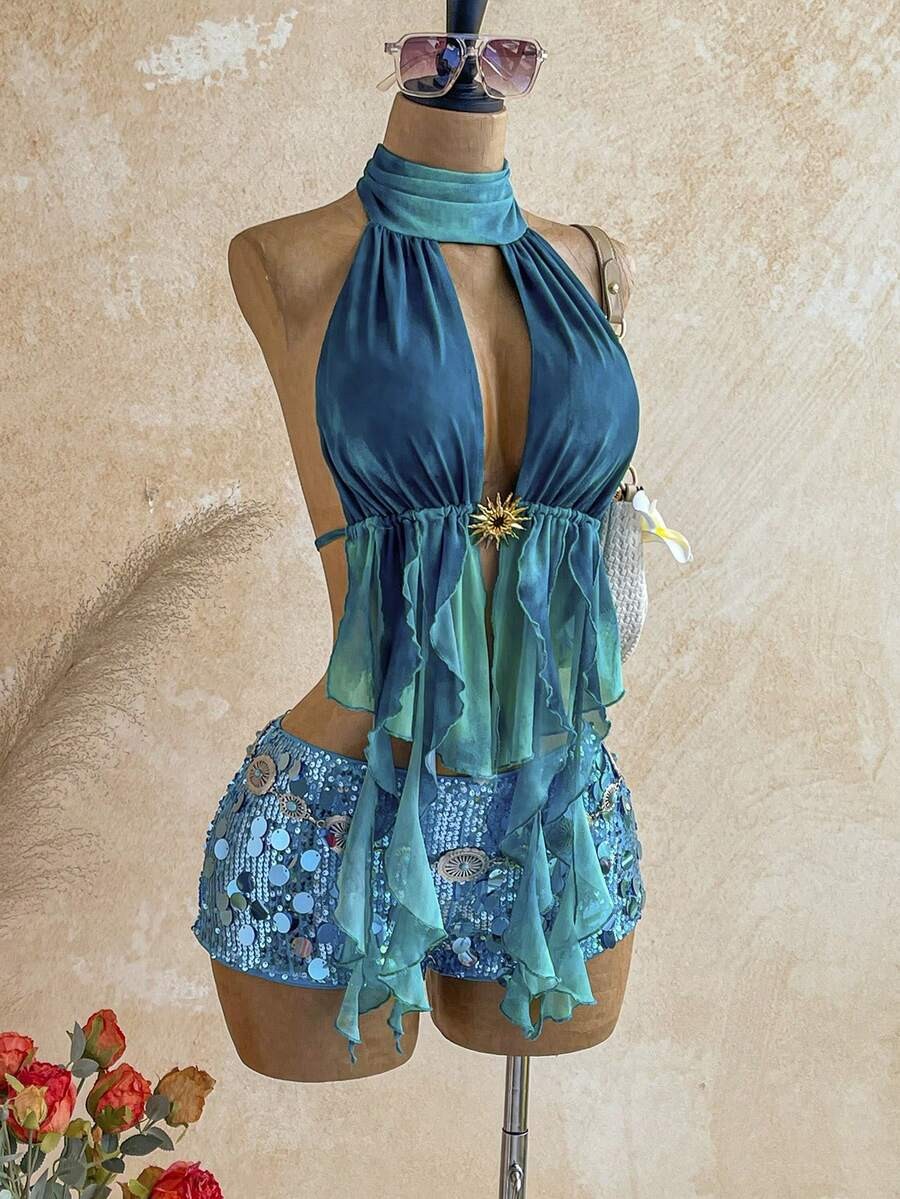 Leopard Print Halter Neck Top Backless Asymmetrical Boho Vacation Beach Blouse
