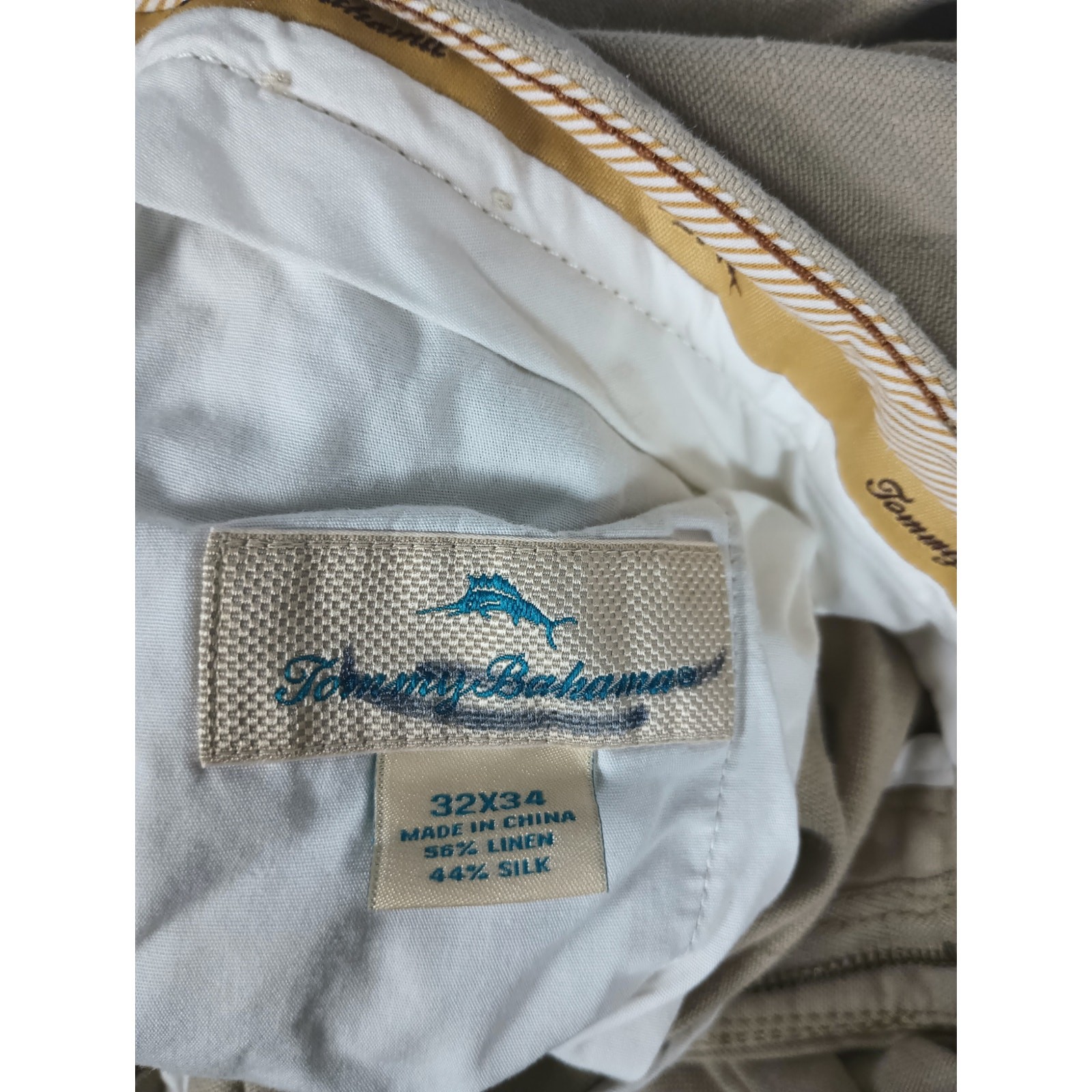 Tommy Bahama Men’s Linen Silk Blend Pants Khaki Flat Front 34×32 (Tagged 32×34)