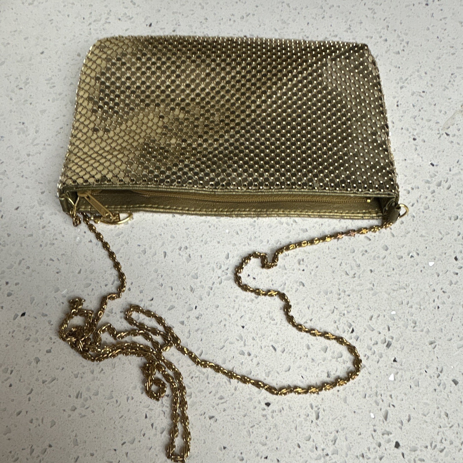 Gold Metallic Crossbody Bag Zip Closure Chain Strap Ivory Lined Inner Pockets