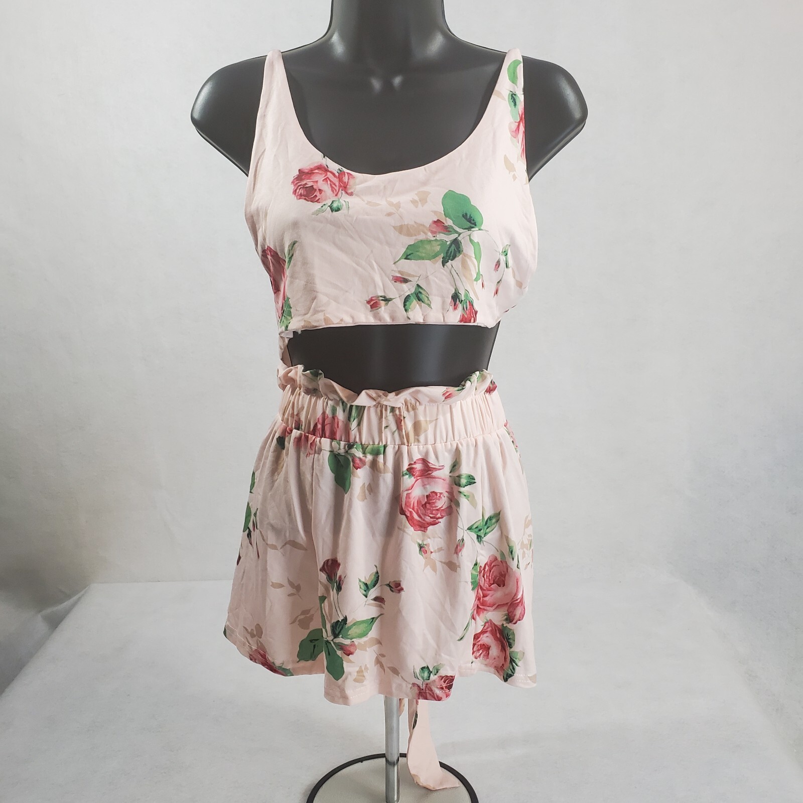 Womens 2pc Floral Crop Top Shorts Set Pink Rose Print Casual Beach Summer Small