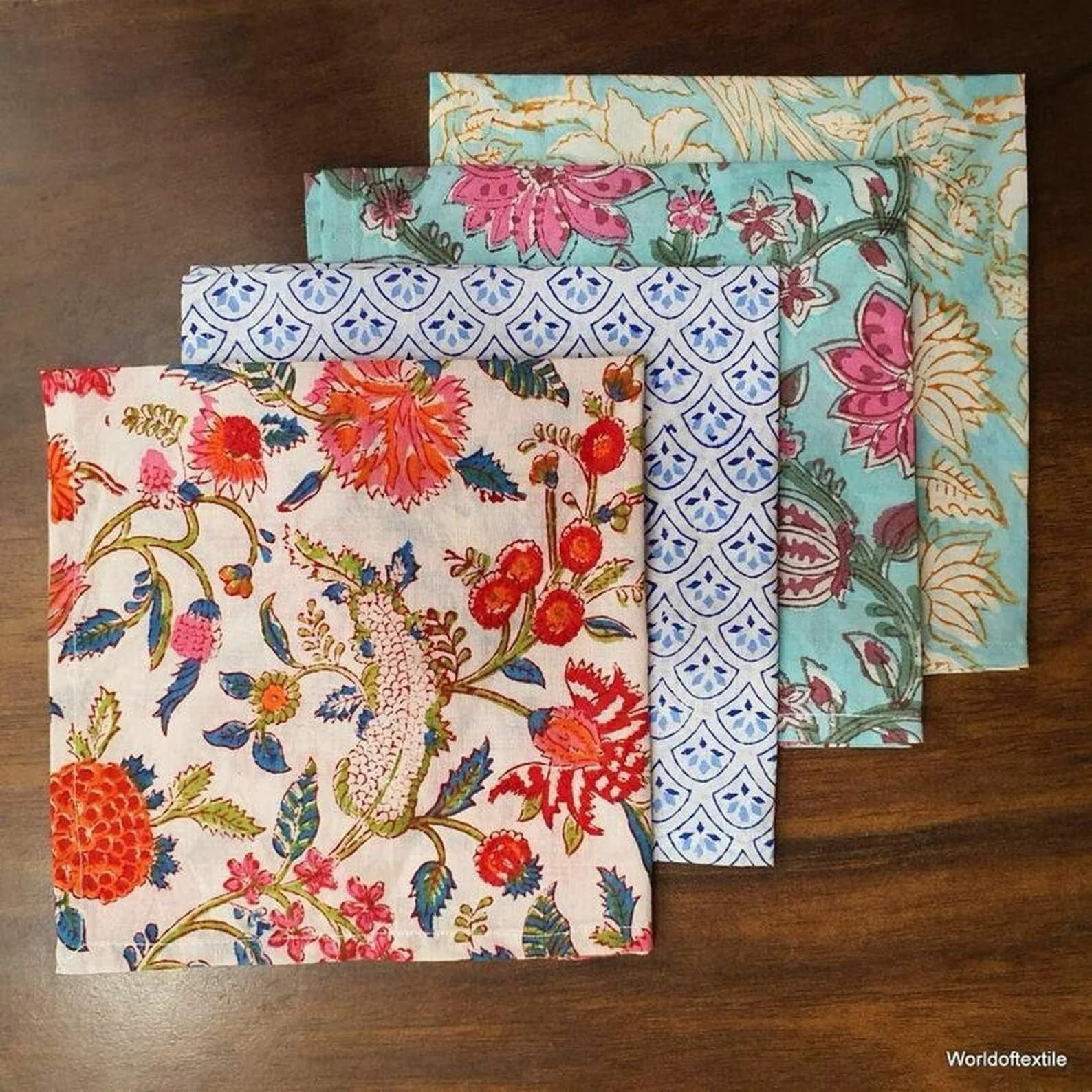 Assorted Hand Block Floral Print Napkins 100 % Cotton Dinner Table Cloth Napkins