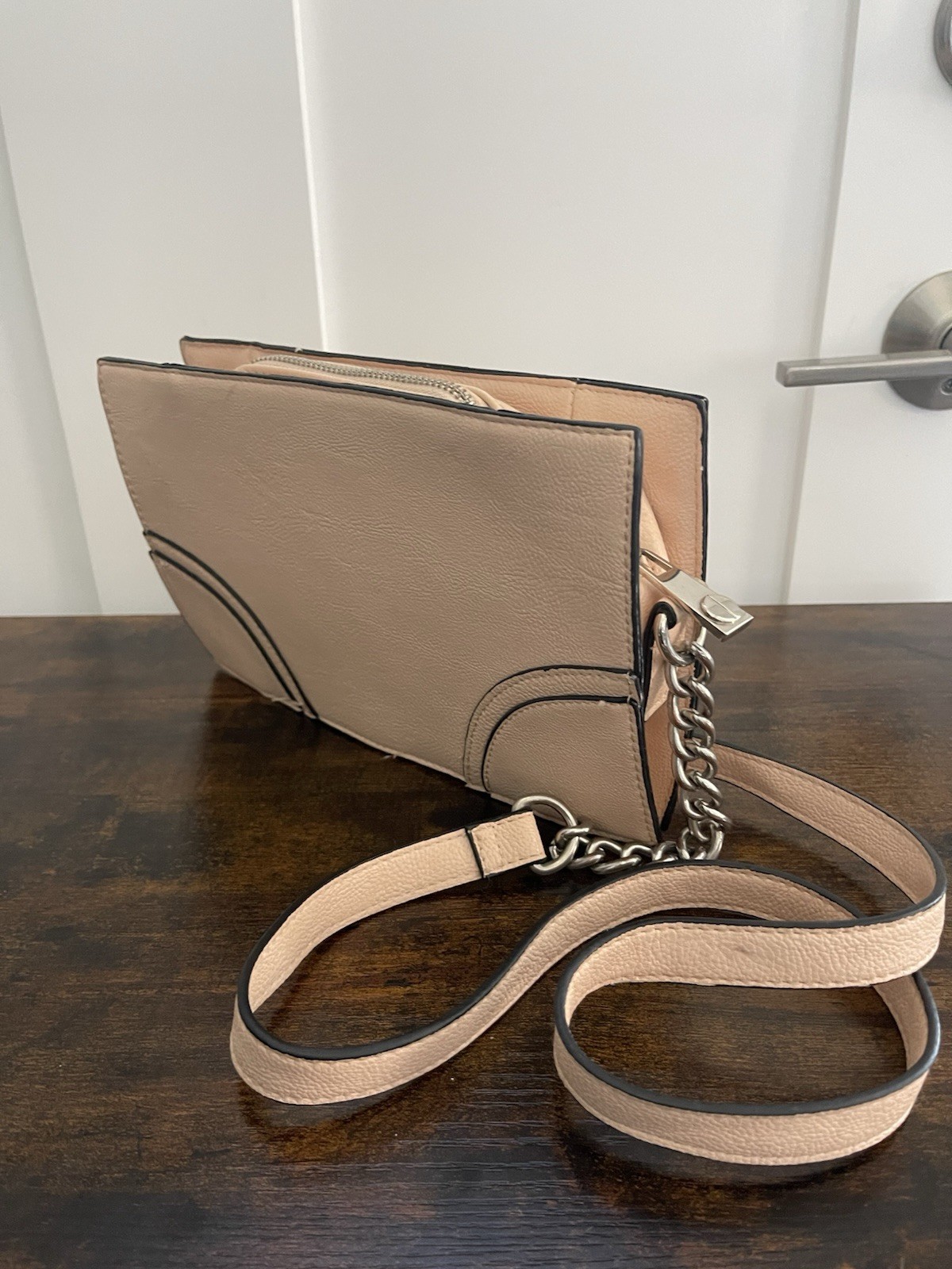 Steve Madden Beige Studded Crossbody Bag Zip Top Chain Strap Silver Small