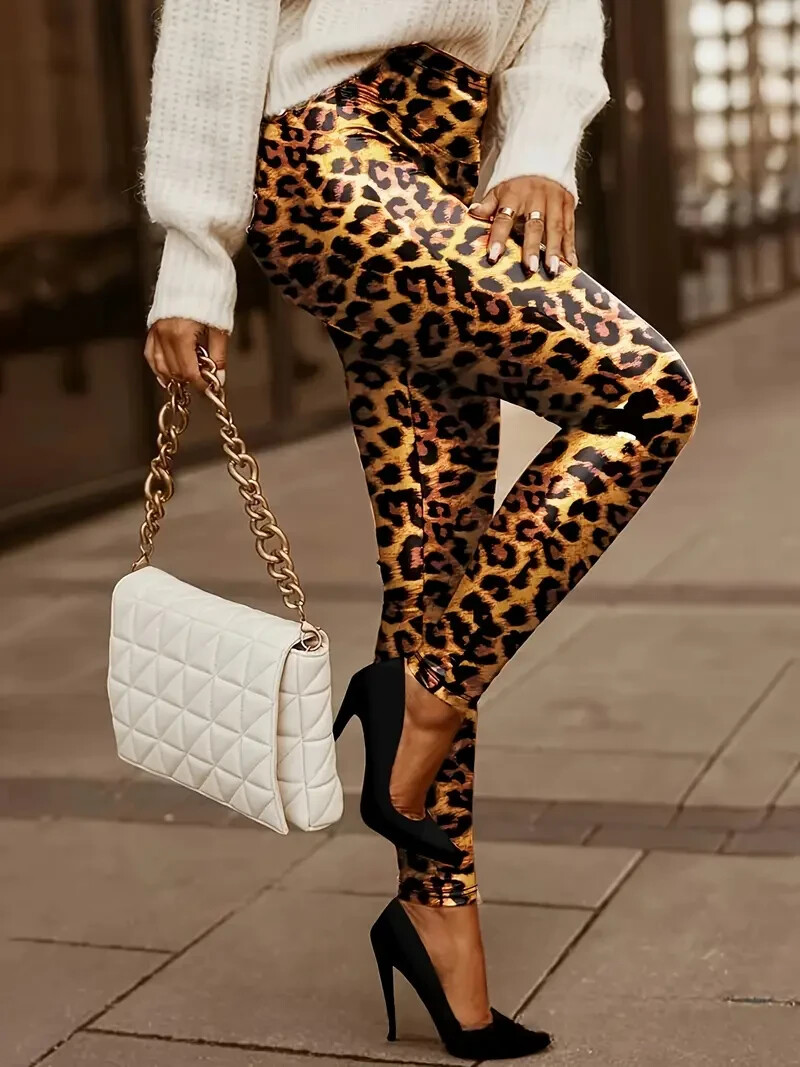 Elegant Brown Leopard Print Leggings for Women, Stretchy Slim Fit Pants