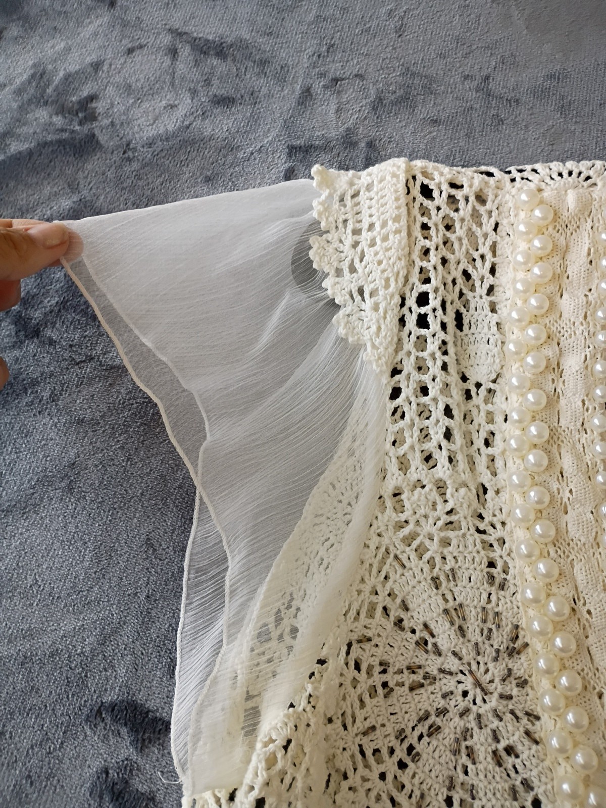 STYLE BRAND QUALITY Crochet top`Pearls Ruffle sleeve seed beads NICE!! LARGE
