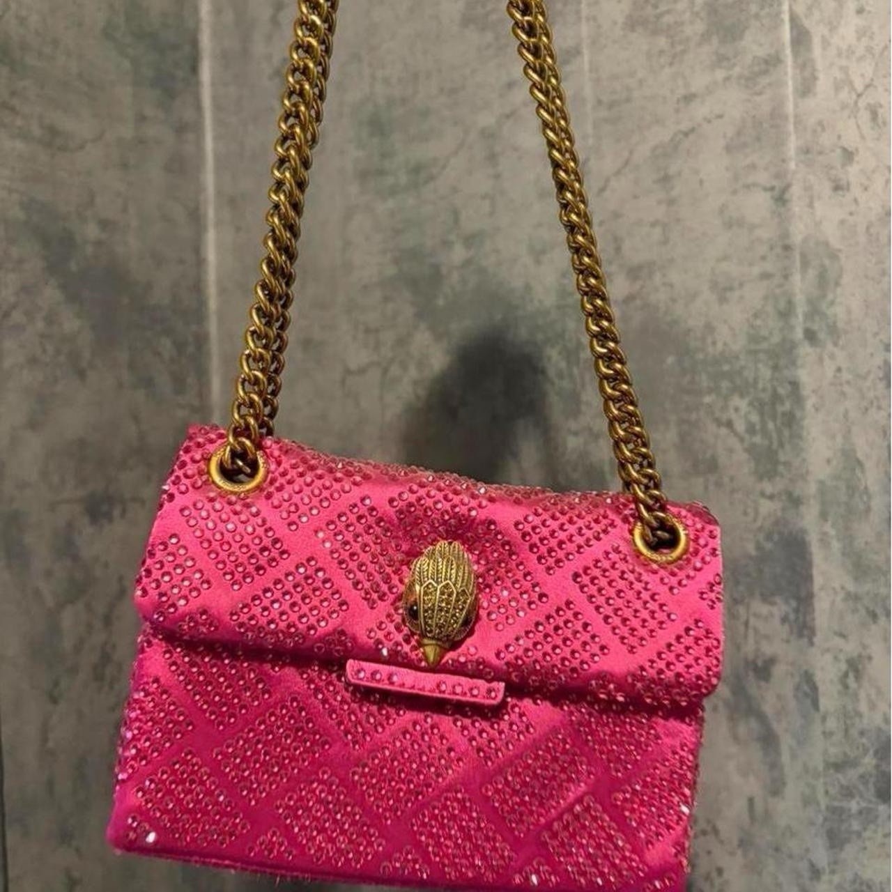 Kurt Geiger Pink Crystal Accent Shoulder Bag Gold Chain Strap Magnetic Flap
