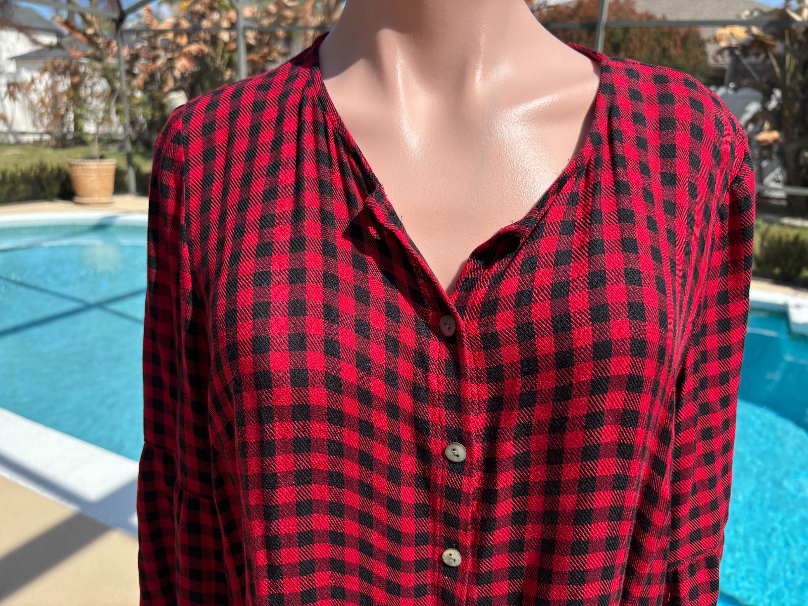 J Jill Buffalo Check Red Black Blouse Shirt long sleeve size S Small
