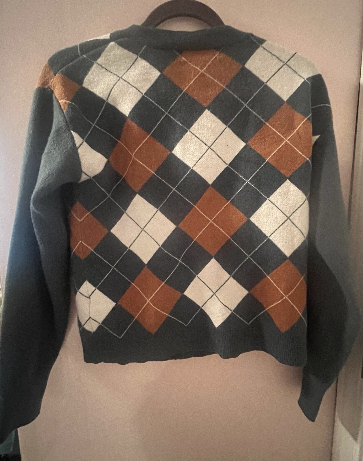 Women’s Green Argyle Cardigan Preppy Collegiate Button Front V Neck Sweater Sz M