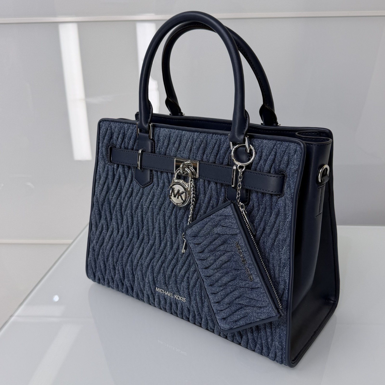 Michael Kors Set Hamilton MD Matelassé Denim Satchel Bag Denim Blue