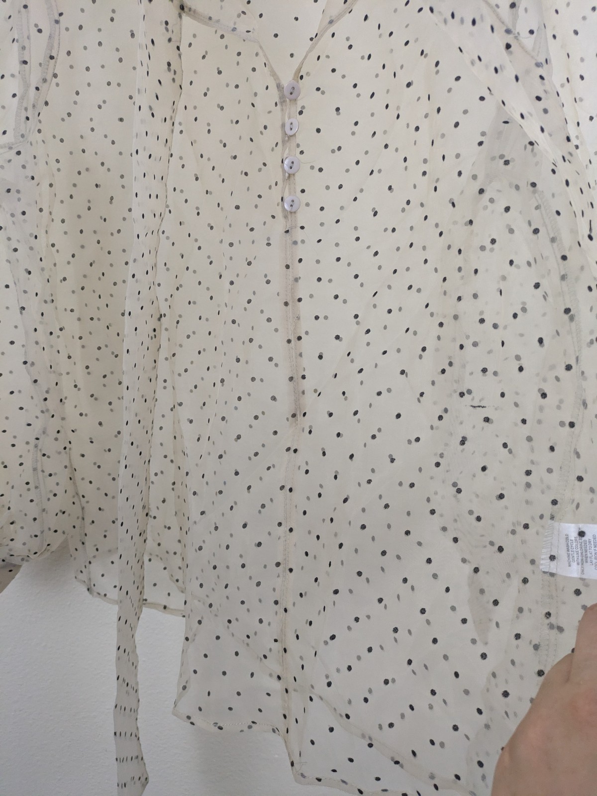 Sheer Black Polka Dot Puff Sleeve Tie Neck Xl Top Love And Design Brand