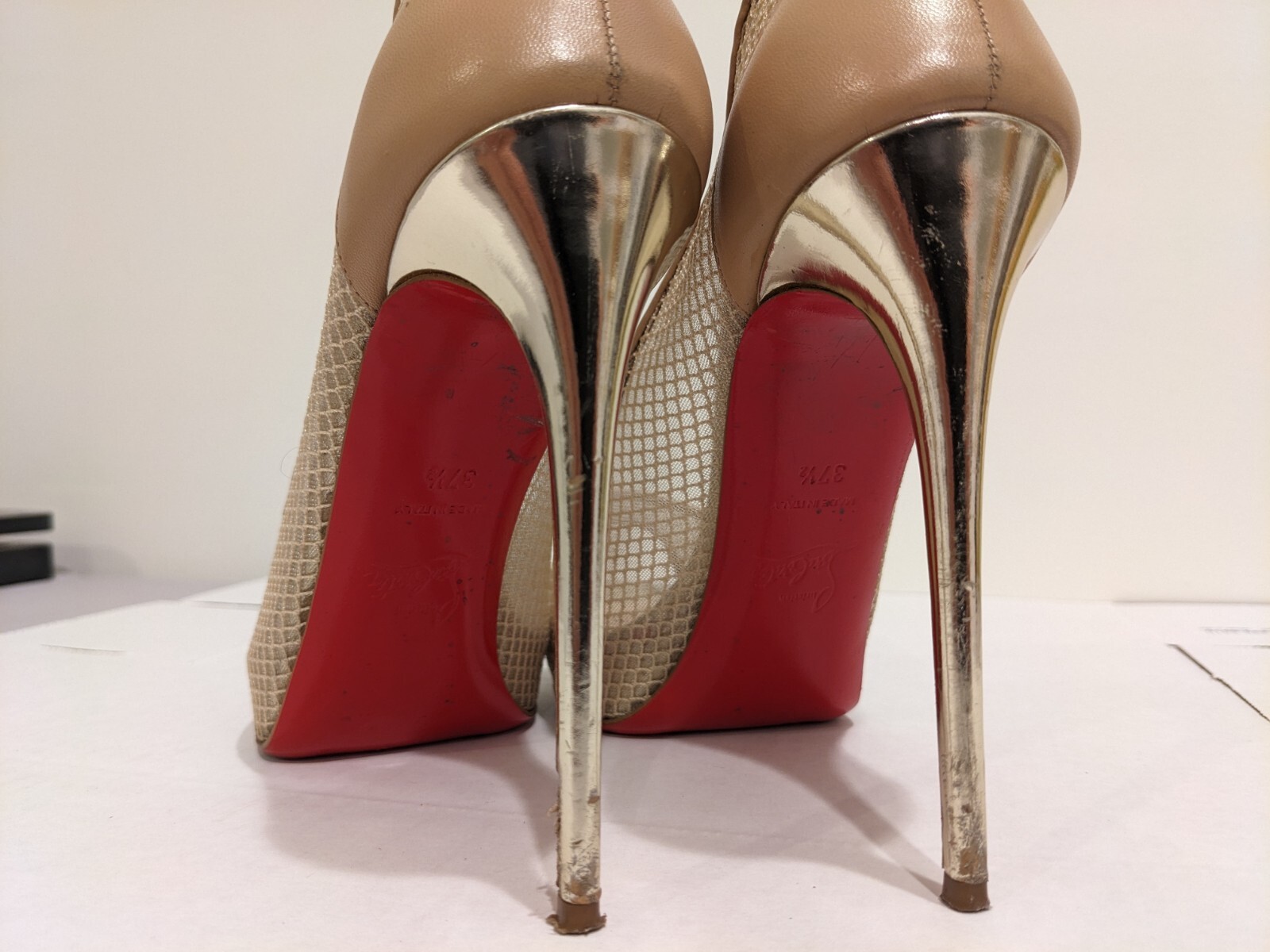 Christian Louboutin 37.5 Nude Very Rete 115mm Red Sole Mesh Fishnet Pumps