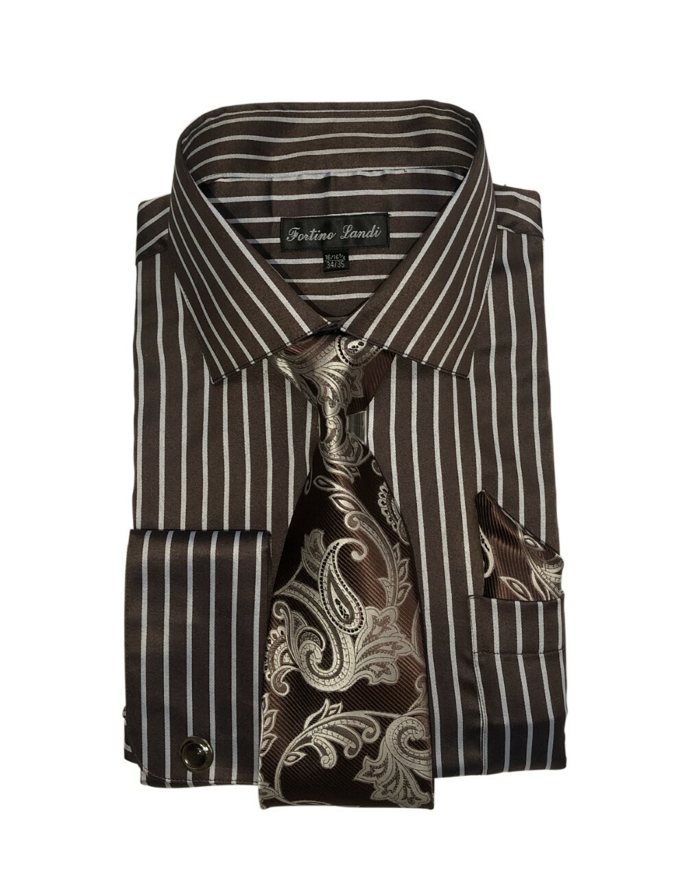 Men’s Striped Dress Shirt with Tie + Handkerchief, French Cuff Links New