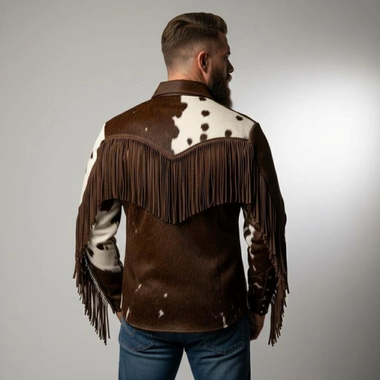 Men’s Western Cowhide Jacket with Hair-on and Cow Print Fringe Detail