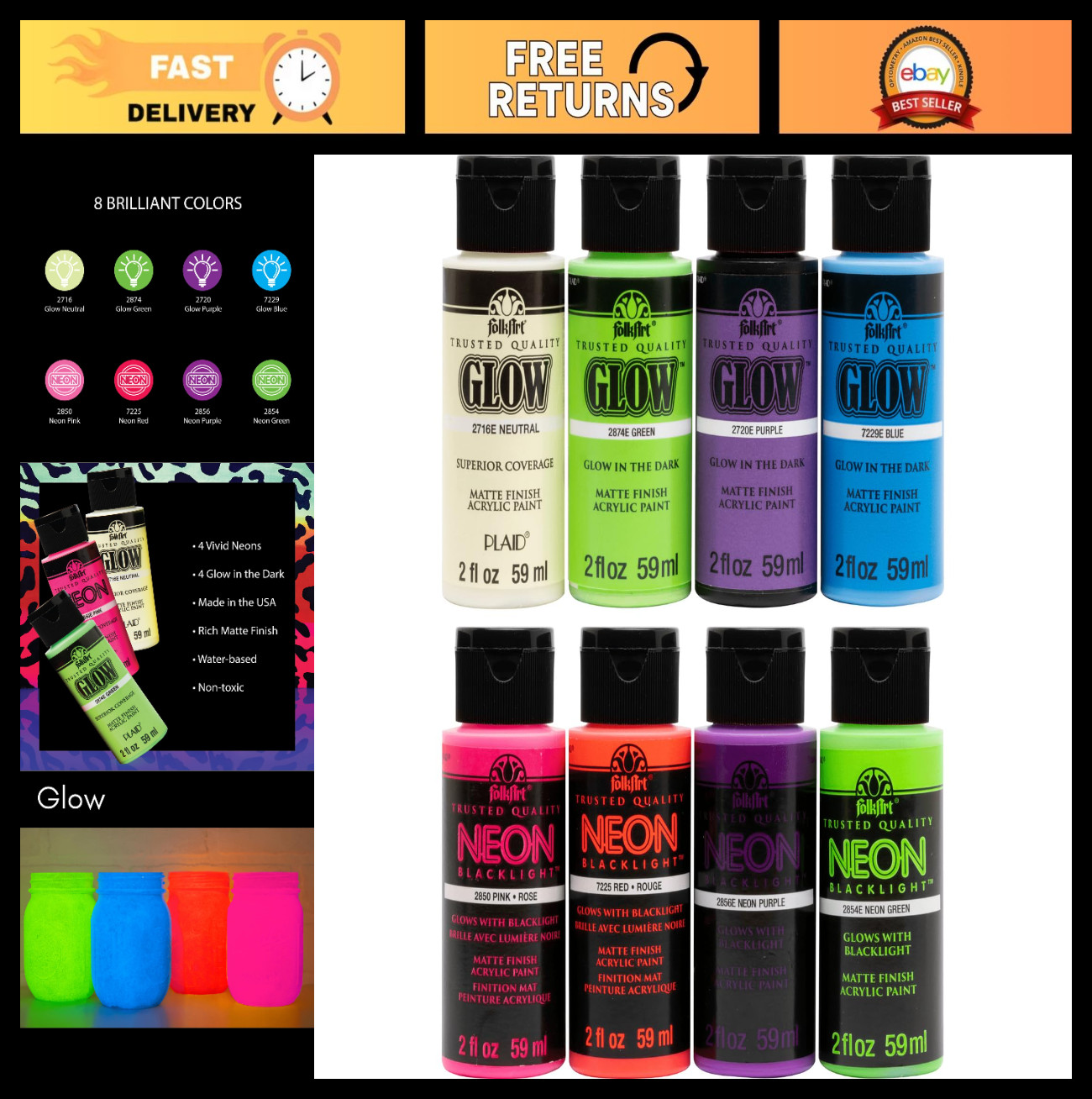 Neon & Glow-in-the-Dark Acrylic Craft Paint Set – 8 Colors, 2 fl oz Each, UV Rea
